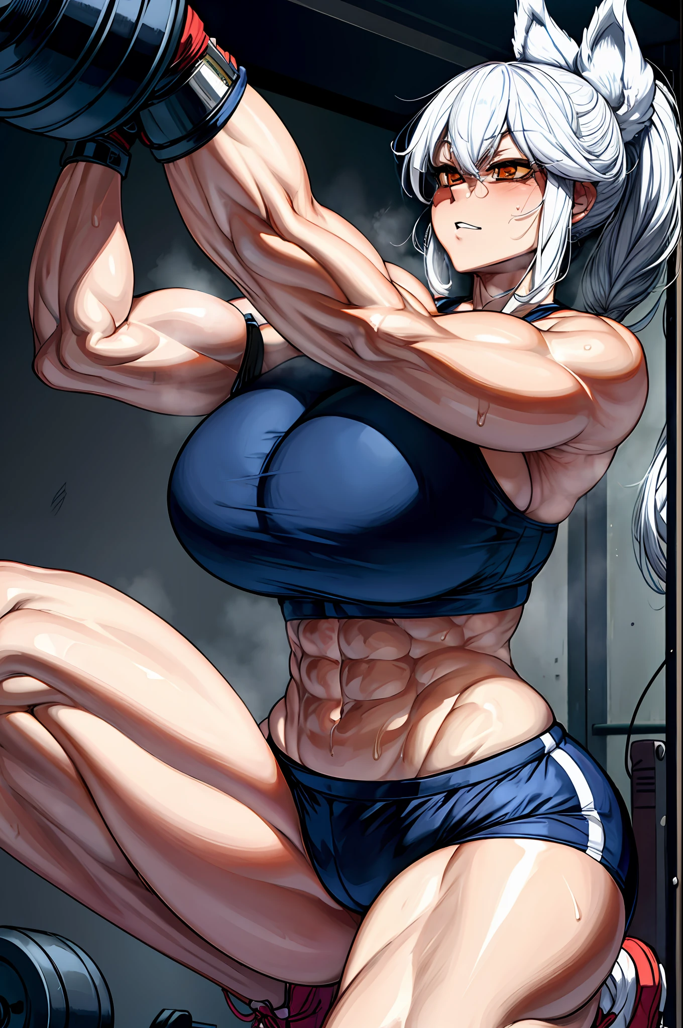 kitsune, working out, in gym, sweating, abs, thick thighs, huge breasts