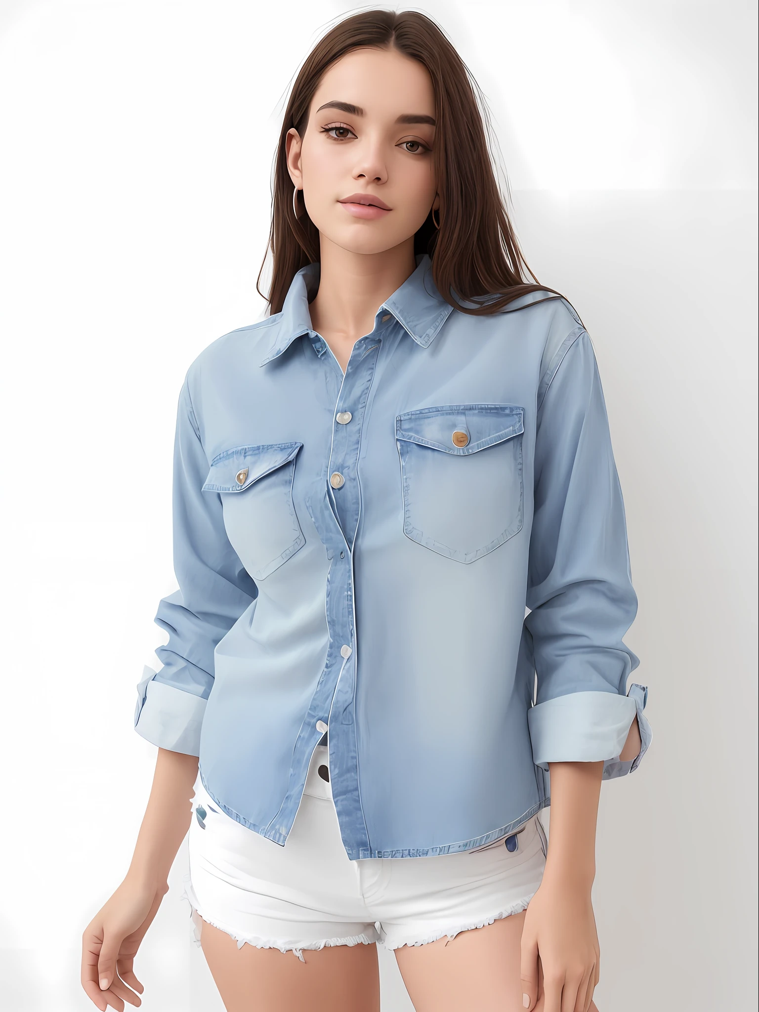 uma mulher muito linda e bem magra, rosto perfeito de camisa cinza e bermuda posando para uma foto, vestindo uma camisa e uma shorts jeans, jeans no shorts, button up shirt, camisa cinza, vestindo uma camisa escura e shorts jeans, button - up shirt, com dois bolsos frontais, usando shorts jeans, vestindo uma camisa azul clara, usando jeans no shorts, camisa de gola, camisa, shorts jeans azul. irreal 5