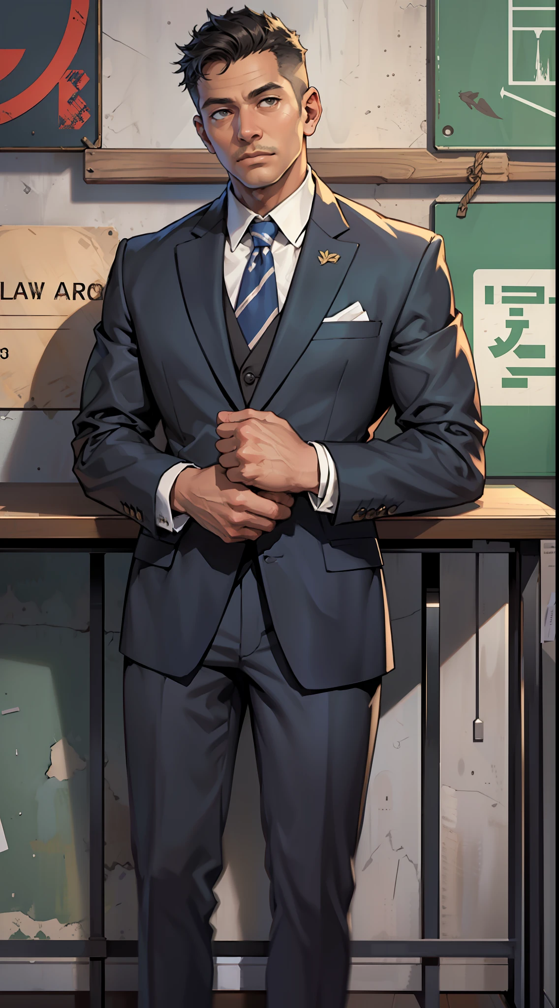 Realistic, (best quality, masterpiece: 1.3), men, (in suit) (standing in front on a desk, the law sign above in the wall)