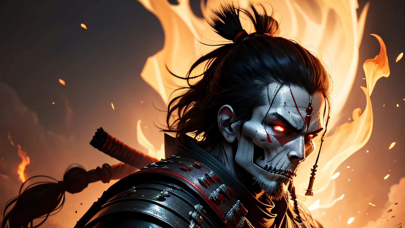 "samurai warrior with human skull head on fire, em uma cidade em guerra"