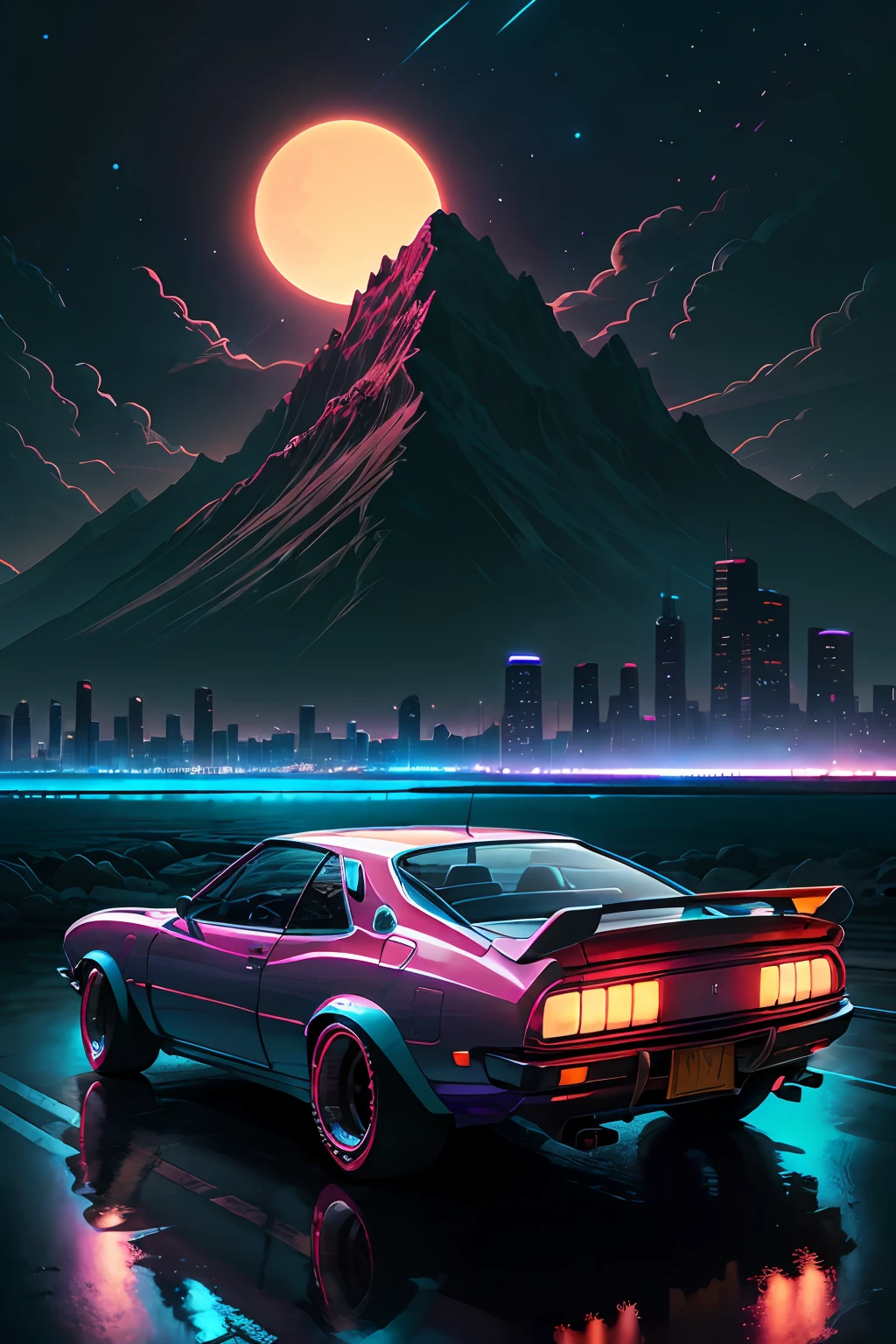 retrowave. city, 1969 Nissan S30, wide body kit, road,  purple neon lights, sun, mountain, 
(masterpiece,detailed,highres),