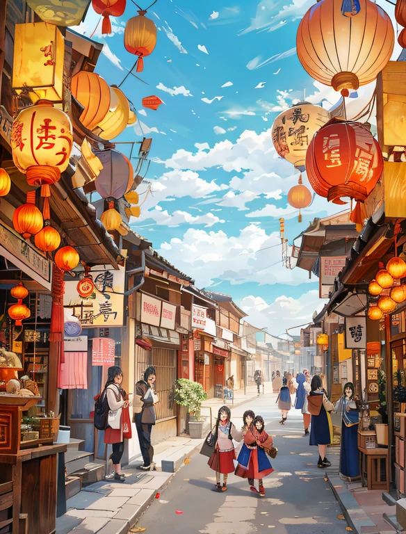 There are many people walking the streets of Chinese villages, Modern attire