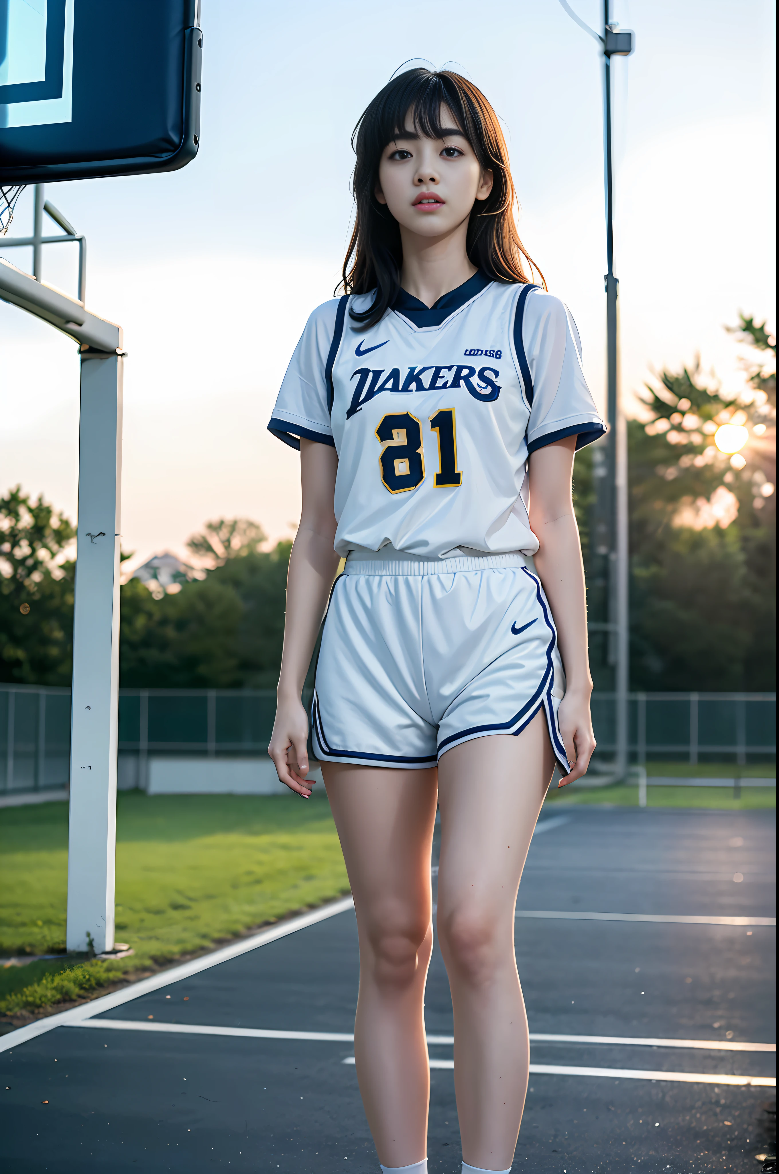 (8k, Best Quality, Masterpiece: 1.2), (Realistic, Realistic: 1.37), Ultra Detailed, Best Quality, Ultra High Resolution, Professional Lighting, Photon Mapping, Radiosity, Physically Based Rendering, Cinematic Lighting, Basketball court, depth of field, clear focus, sunlight, good composition, (bokeh: 1.2) 1girl, solo, (full body), (closed mouth), beautiful and detailed eyes, pose, narrow waist, basketball uniform, black hair , messy hair, long hair blowing in the wind, (ulzzang-6500:1.2) mix4, hiqcgbody