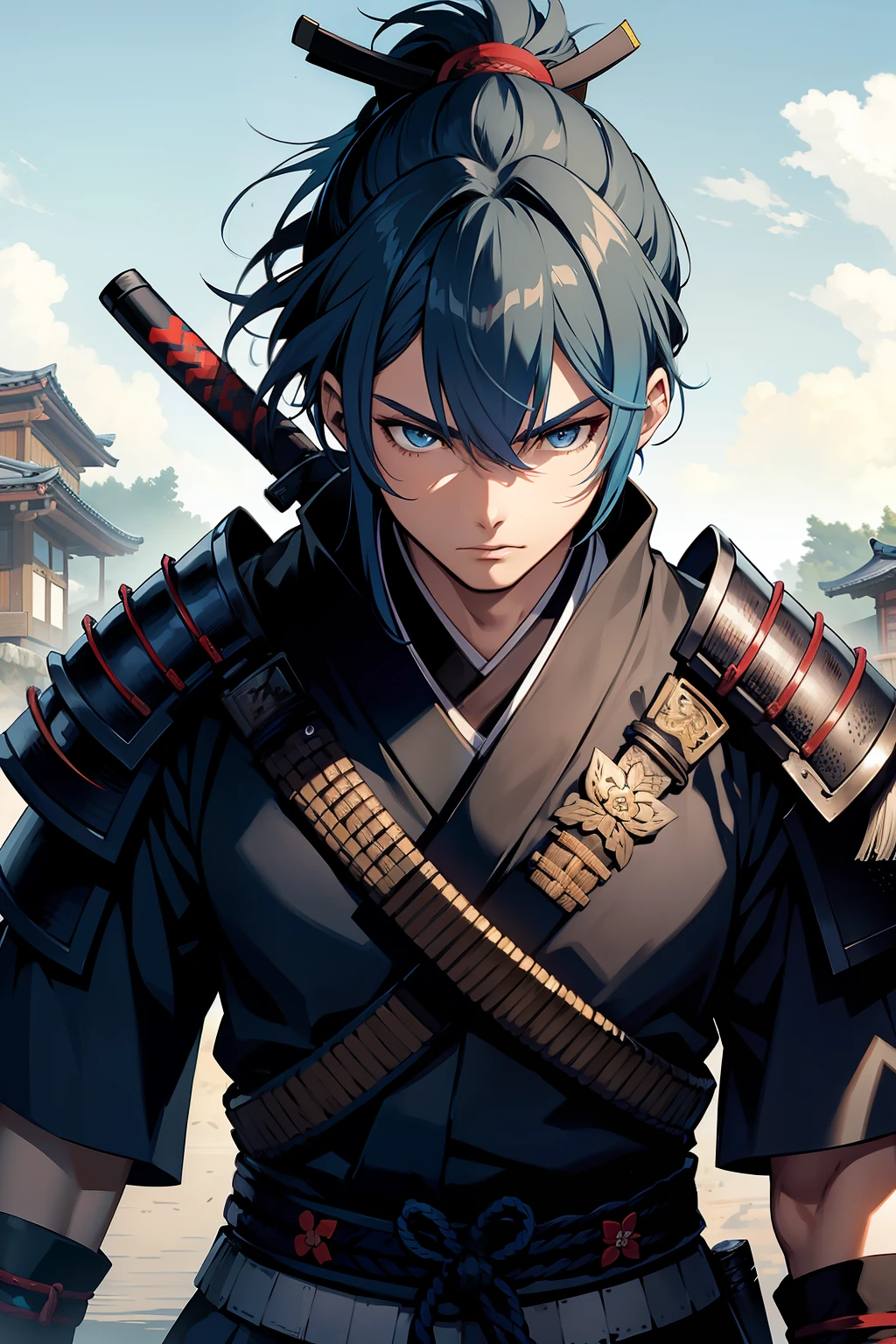 young samurai, man young, ponytail haircut, blue hair, samurai armor, katana in hand, in a feudal japan