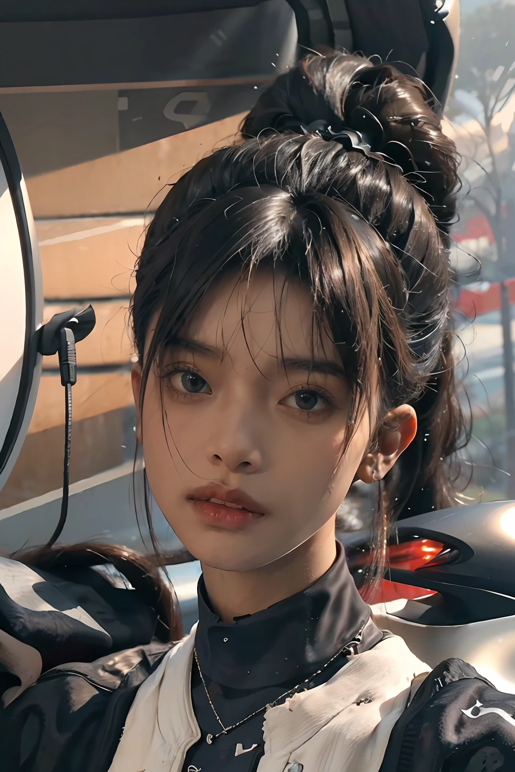 a 30 yo woman,(hi-top fade:1.3),long hair,dark theme, soothing tones, muted colors, high contrast, (natural skin texture, hyperrealism, soft light, sharp),