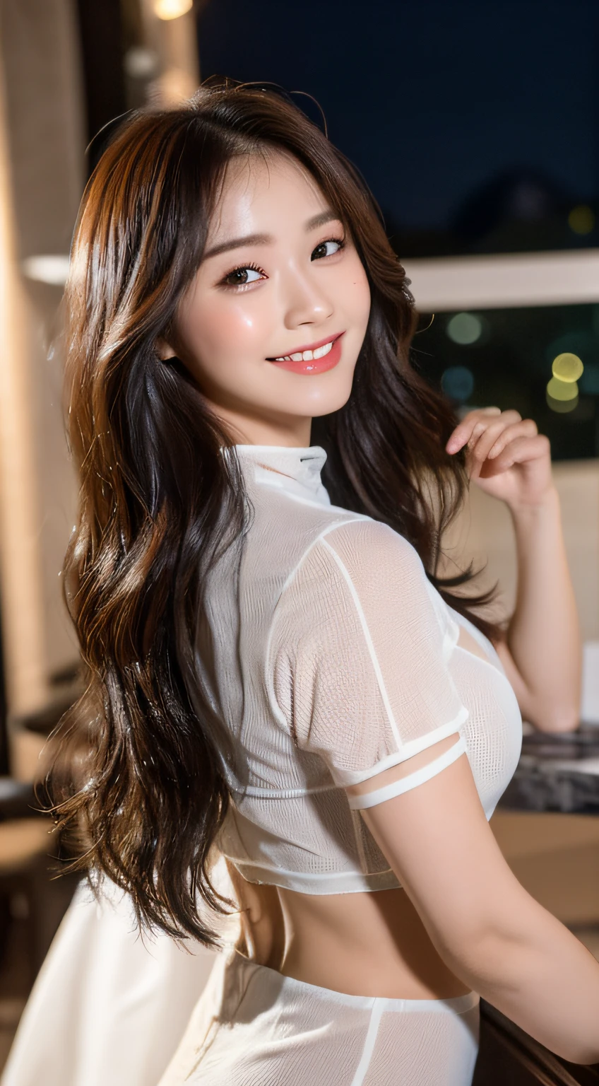 ((Best Quality, 8K, Masterpiece:1.3)), Focus: 1.2, Perfect Body Beauty: 1.4, Buttocks: 1.2, ((Layered Haircut, Breasts: 1.2)), (Wet Clothes: 1.1), (restaurant at night), holding a wine glass, Black high neck  Dress: 1.1, Highly Detailed Face and Skin Texture, Fine Eyes, Double Eyelids, Whitening Skin, Long Hair, (Shut Up: 1.3), Smile,Photo taken with 85mm lens, Blurry background