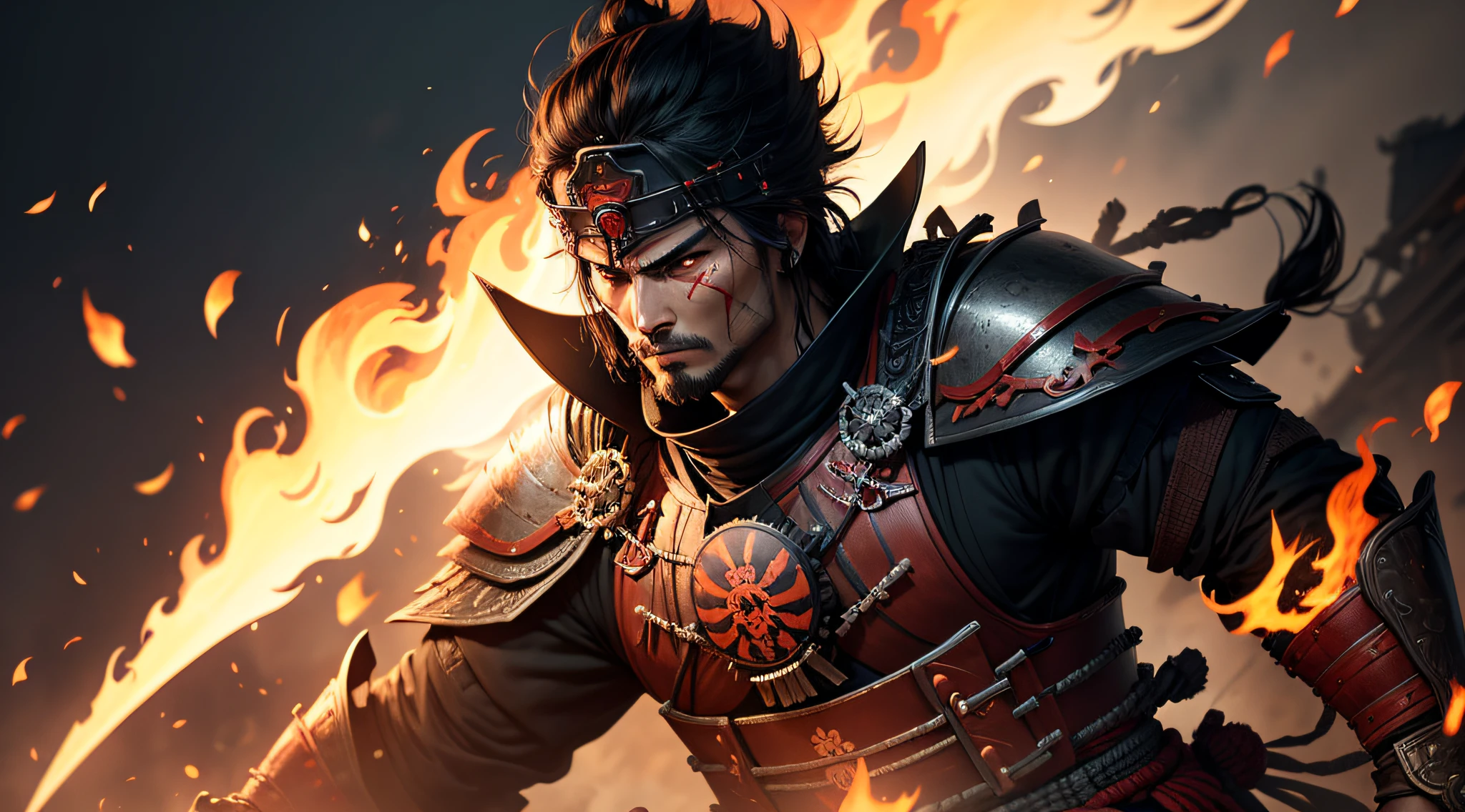"samurai warrior with human skull head on fire, em uma cidade em guerra"