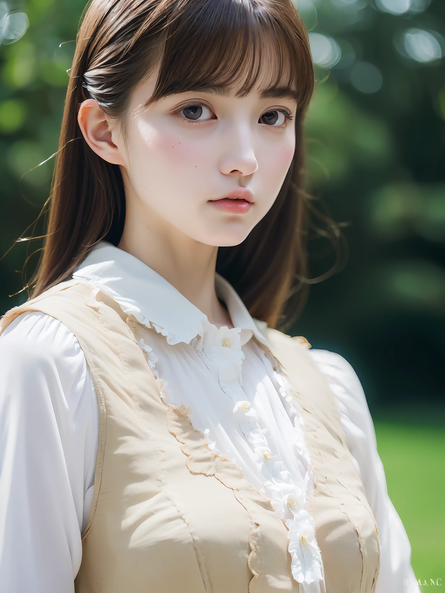 女の子1人, Full body, Unknown , detailed  clothes, (delicate illustration:1.4),(masutepiece:1.0), (Best Quality:1.4), (超A high resolution:1.2), (Photorealistic:1.4), (8K, Raw photo:1.2), (Soft Focus:1.4), (18year old:1.3), (Sharp Focus:1.4), (Renaissance art:1.4), Detailed beautiful face, (Blouse with white collar)