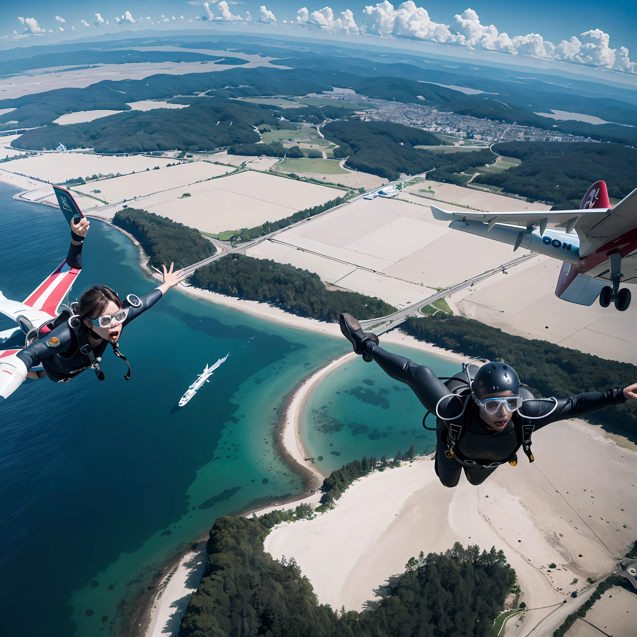 a bunch of sky divers diving from an airplane, plane flying above them, they're diving towards the land, aerial view of land, ultra realistic details, RTX shaders, cinematic lighting, 50 --s 2