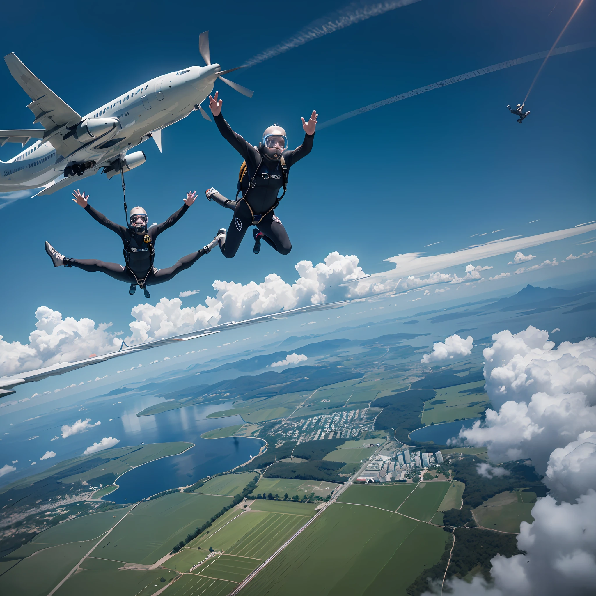 a bunch of sky divers diving from an airplane, plane flying above them, they're diving towards the land, aerial view of land, ultra realistic details, RTX shaders, cinematic lighting, 50 --s 2