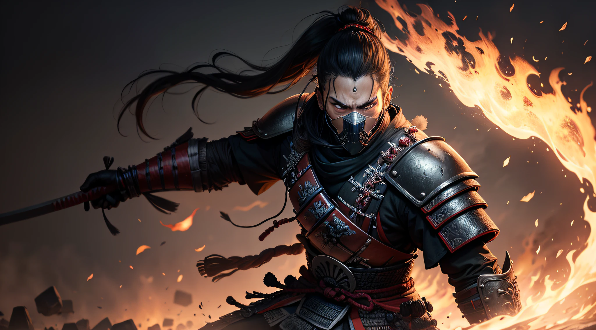 "samurai warrior with human skull head on fire, em uma cidade em guerra"