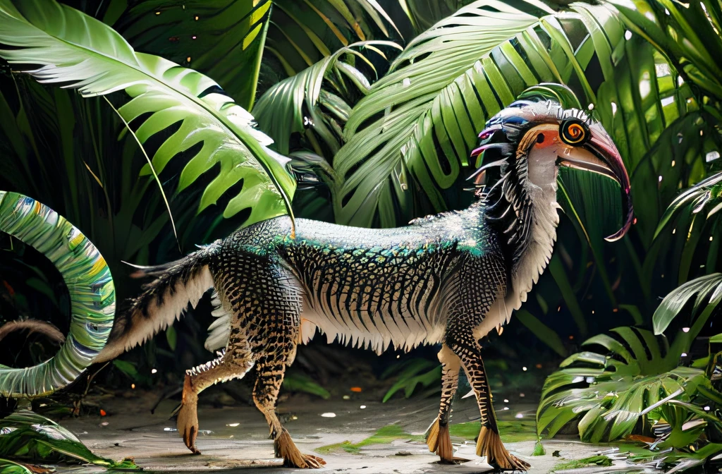 four-legged fast mandrill creature, like a greyhound, predator creature with (long monkey tail), slim like cheetah with green feathers and beak. predator creature like gepard with feathers ((four legs)) slender, long body with feathers, green gepard body with feathers, long legs creature with transparent and lighting body, walking on all six legs, (((cuttlefish head))), ((four eyes)),jellyfish transparent body, 4 leghs, in the jungle, jungle, rain forest, high image quality, realistic look, high-resolution photography, 8K, full-frame matrix, deep shadows, ((one character)), (intricate details, subsurface scattering, hyperdetailed:1.15), (hyperrealism, volumetric lighting, sharp:1.5) Fujifilm XT3