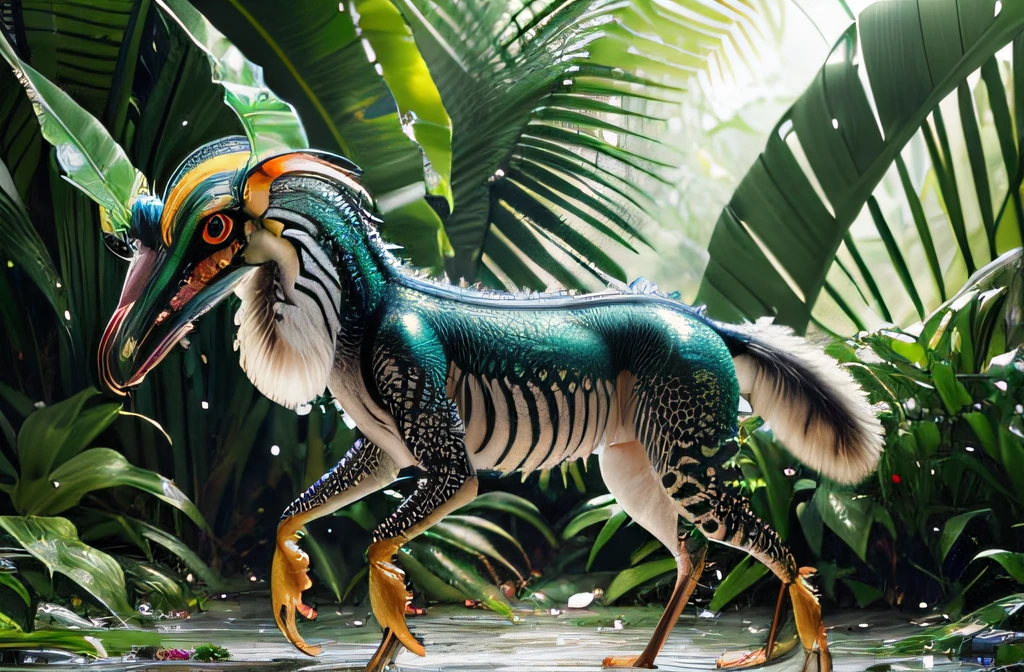 four-legged fast mandrill creature, like a greyhound, predator creature with (long monkey tail), slim like cheetah with green feathers and beak. predator creature like gepard with feathers ((four legs)) slender, long body with feathers, green gepard body with feathers, long legs creature with transparent and lighting body, walking on all six legs, (((cuttlefish head))), ((four eyes)),jellyfish transparent body, 4 leghs, in the jungle, jungle, rain forest, high image quality, realistic look, high-resolution photography, 8K, full-frame matrix, deep shadows, ((one character)), (intricate details, subsurface scattering, hyperdetailed:1.15), (hyperrealism, volumetric lighting, sharp:1.5) Fujifilm XT3