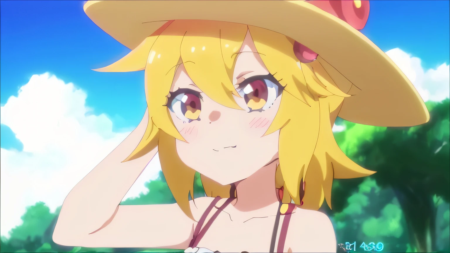 a close up of a person wearing a hat and a dress, rin, anime best girl, anime girl named lucy, safebooru anime image, 2 0 1 9 anime screenshot, still from tv anime, konosuba anime style, anime visual of a cute girl, today's featured anime still, anime opening, hololive, anime moe artstyle