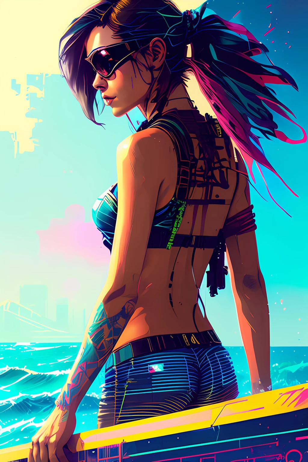 snthwve style nvinkpunk surfer girl by jeremy mann, by sandra chevrier, by dave mckean and richard avedon and maciej kuciara, punk rock, tank girl, high detailed, 4k, RTX