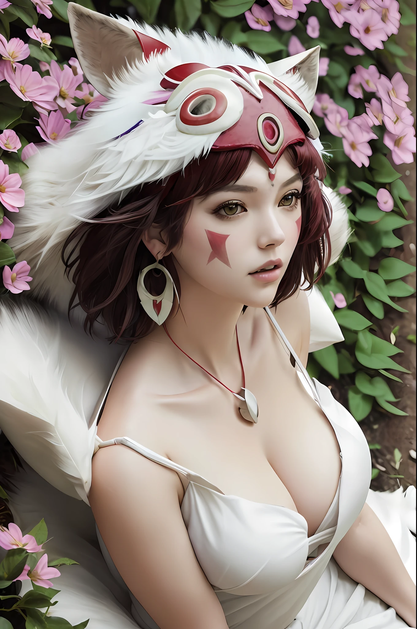 1girl, busty, solo, glamour portrait shot from above of beautiful (princessmononoke) lying next to a wolf surrounded by flowers, pixie cut, extremely short hair, (white fluffy wolf), serious, details, realistic, photography, blurry background, softfocus, face focus