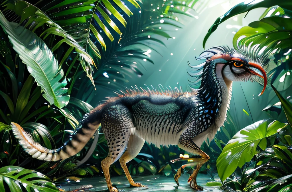 four-legged fast mandrill creature, like a greyhound, predator creature with (long monkey tail), slim like cheetah with green feathers and beak. predator creature like gepard with feathers ((four legs)) slender, long body with feathers, green gepard body with feathers, long legs creature with transparent and lighting body, walking on all six legs, (((cuttlefish head))), ((four eyes)),jellyfish transparent body, 4 leghs, in the jungle, jungle, rain forest, high image quality, realistic look, high-resolution photography, 8K, full-frame matrix, deep shadows, ((one character)), (intricate details, subsurface scattering, hyperdetailed:1.15), (hyperrealism, volumetric lighting, sharp:1.5) Fujifilm XT3