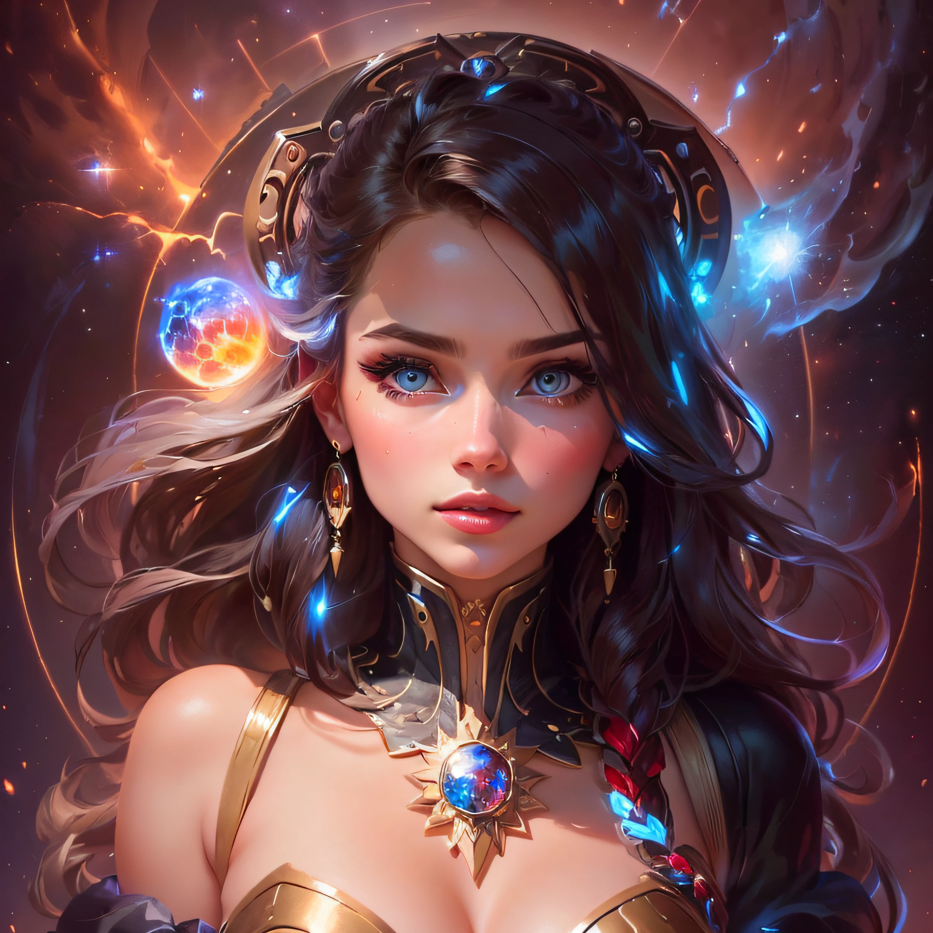 ultra realistic photo portrait of Scarlett Leithold cosmic energy, colorful, painting burst, beautiful symmetrical face, nonchalant kind look, realistic round eyes, tone mapped, intricate, elegant, highly detailed, digital painting, artstation, concept art, smooth, sharp focus, illustration, dreamy magical atmosphere, art by artgerm and greg rutkowski and alphonse mucha, 4k, 8k