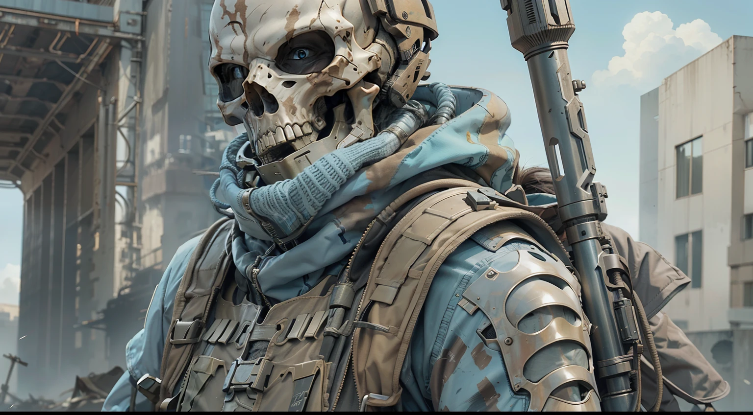 skeleton in tactical gear in a post apocalyptic city, in the style of graphic novel style, colorized, robert kirkman, perspective rendering, sky - blue and bronze, fine and detailed --s 750 --v 5.2 --style raw