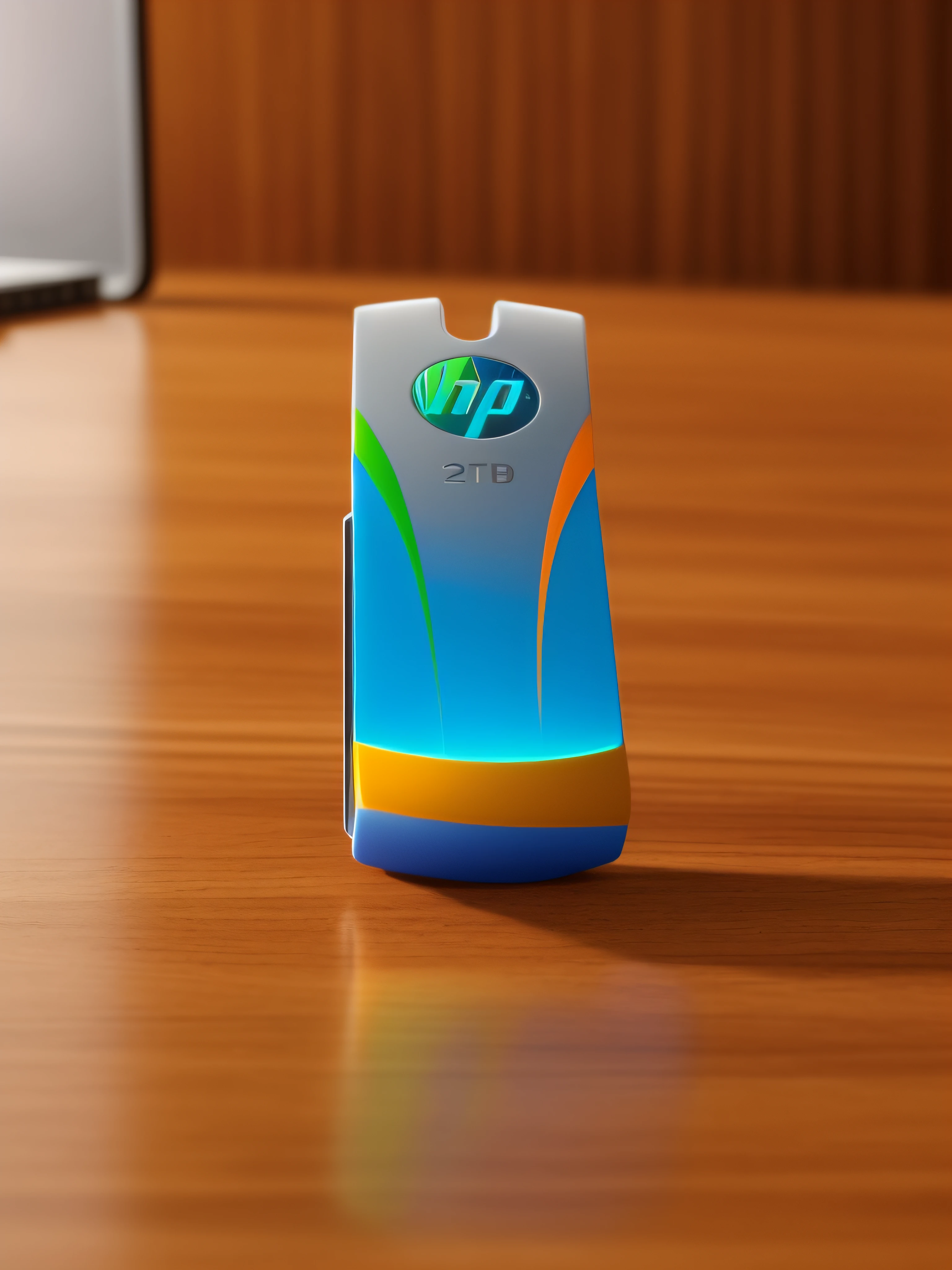 A USB stick rests on the smooth-textured wooden office desk in a computer room. The picture is clear (Sharp: 0.7) and displays a colorful explosion of psychedelic paints (cores: 1.21), with incredible detail. Na mesa, Accessories include the Nikon D850 with Kodak Portra 400 photo film and f1 lenses.6, garantindo cores ricas e textura realista. Lighting is dramatic, and all around are the computer, rato, teclado e cabo USB.