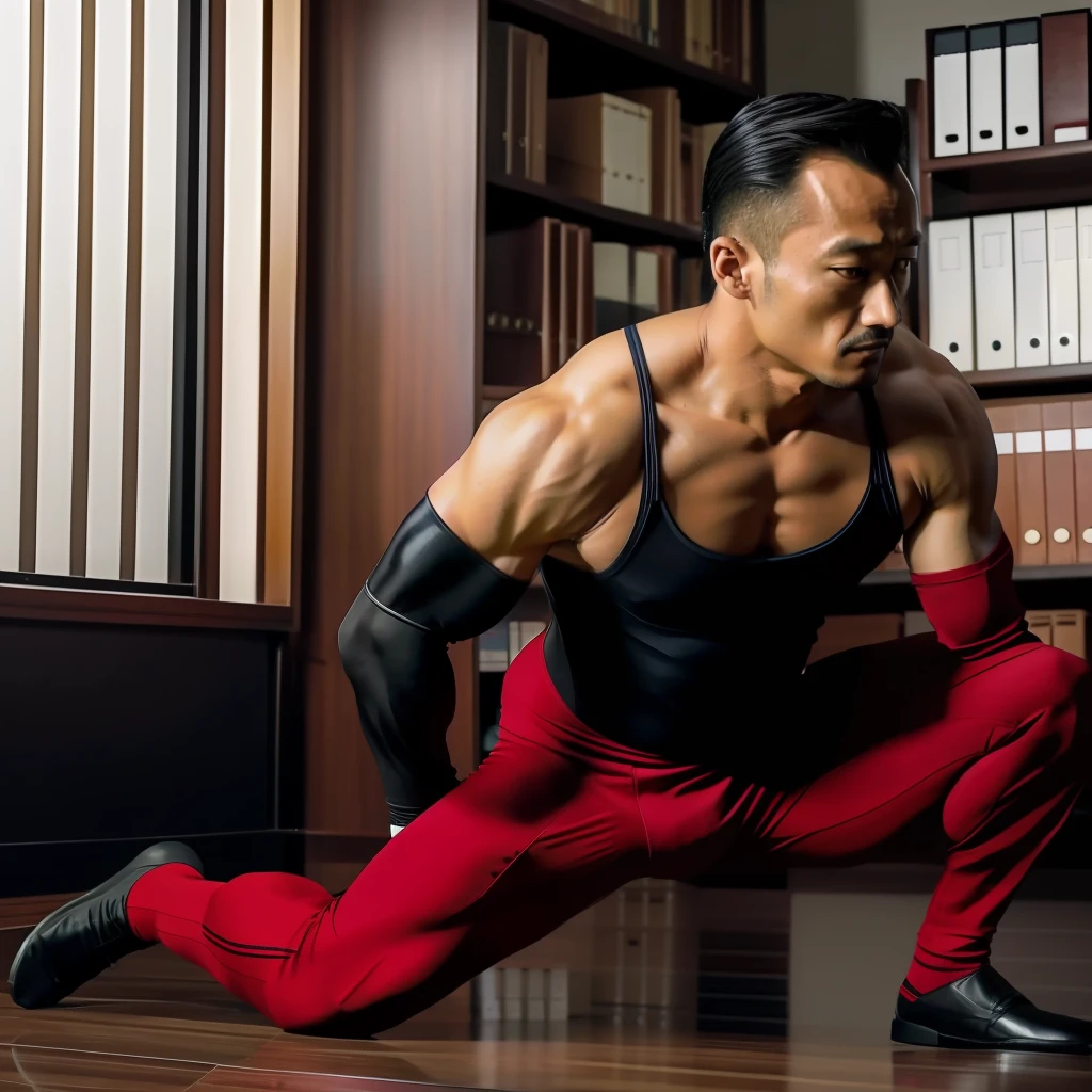 45 yers old,Hidetoshi Nakata ,(Kogoro Mouri 1.3),The upper part of the body,Tong,Bulge,office room,Two people knelt,black long socks,Thin,musculature,lbeard,fortitude,artwork of a,tmasterpiece,k hd,red leotard