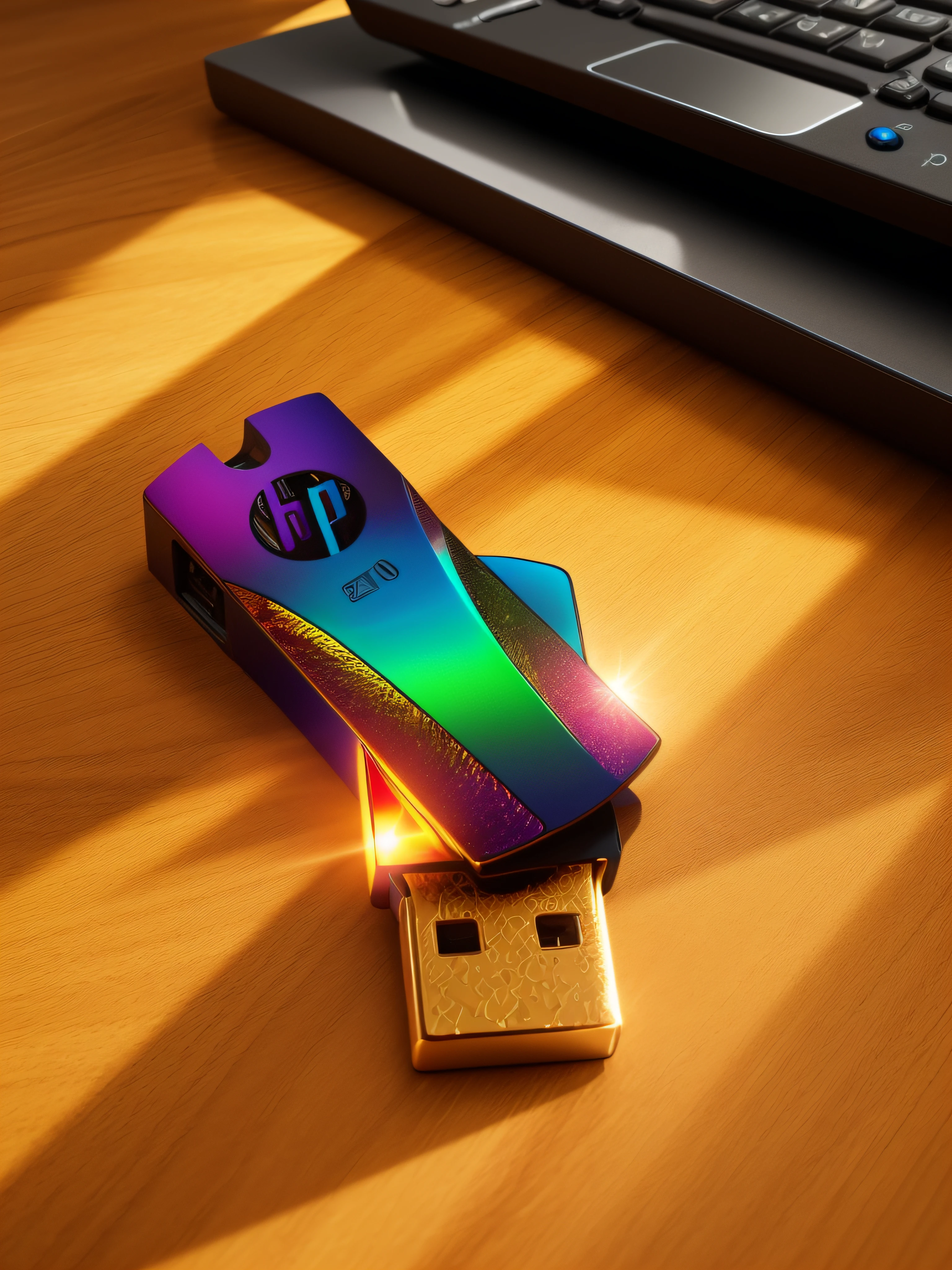 A USB stick rests on the smooth-textured wooden office desk in a computer room. The picture is clear (Sharp: 0.7) and displays a colorful explosion of psychedelic paints (cores: 1.21), with incredible detail. Na mesa, Accessories include the Nikon D850 with Kodak Portra 400 photo film and f1 lenses.6, garantindo cores ricas e textura realista. Lighting is dramatic, and all around are the computer, rato, teclado e cabo USB.