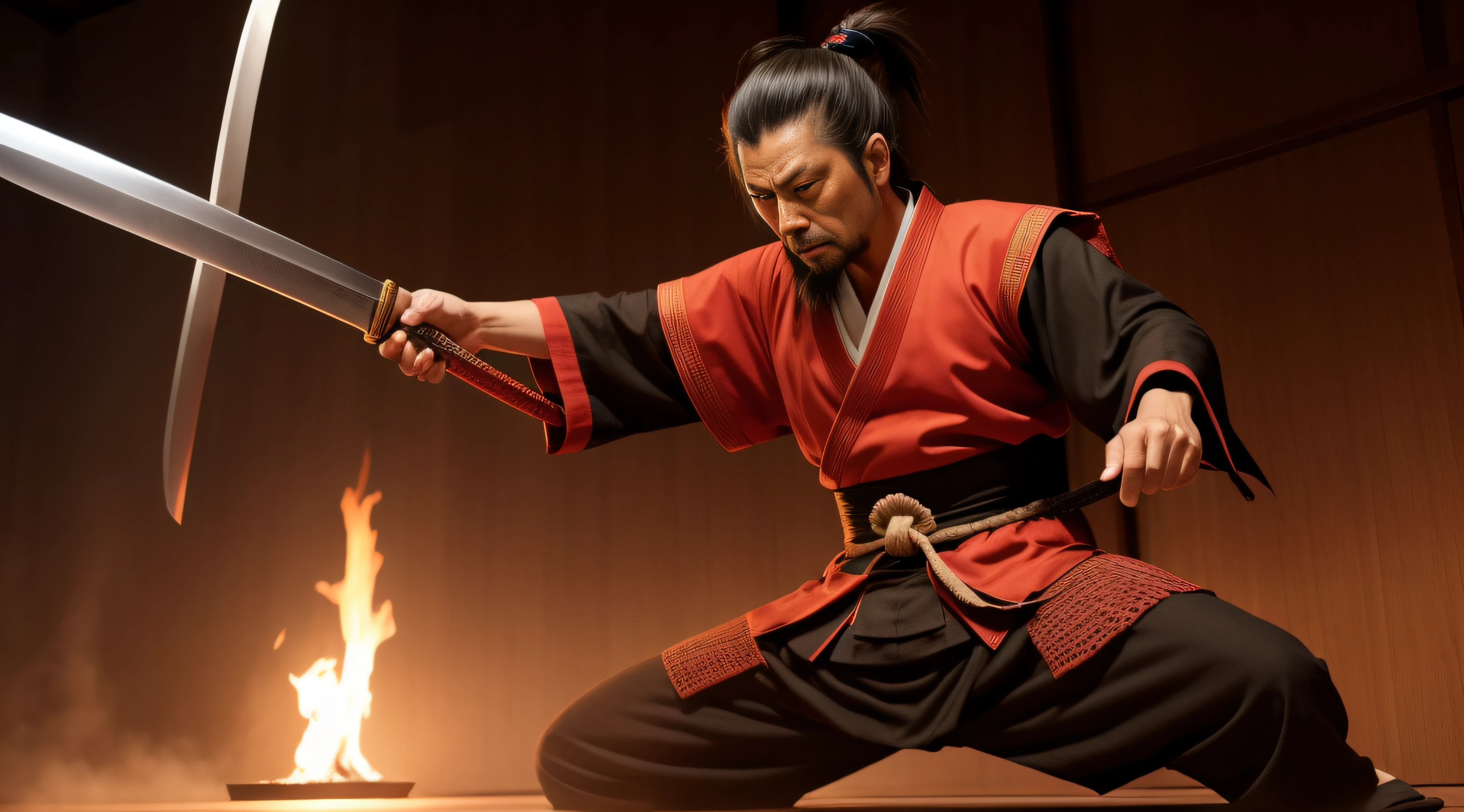 Miyamoto Musashi in a confrontational position, your sword in your hands, serious face, concentrado, detalhado, realista