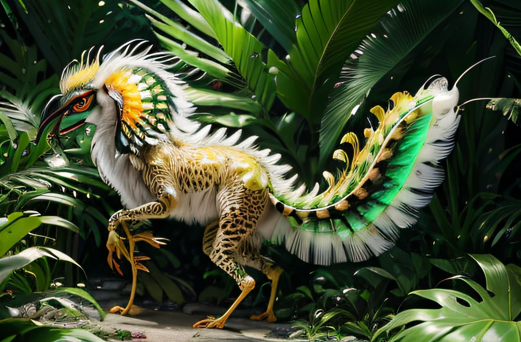 four-legged creature, predator creature with (long monkey tail), slim like  baboon and cheetah with green feathers and beak. predator creature like gepard with feathers ((four legs)) slender, long body with feathers, green gepard body with feathers, long legs creature with transparent and lighting body, walking on all six legs, (((cuttlefish head))), ((four eyes)),jellyfish transparent body, 4 leghs, in the jungle, jungle, rain forest, high image quality, realistic look, high-resolution photography, 8K, full-frame matrix, deep shadows, ((one character)), (intricate details, subsurface scattering, hyperdetailed:1.15), (hyperrealism, volumetric lighting, sharp:1.5) Fujifilm XT3