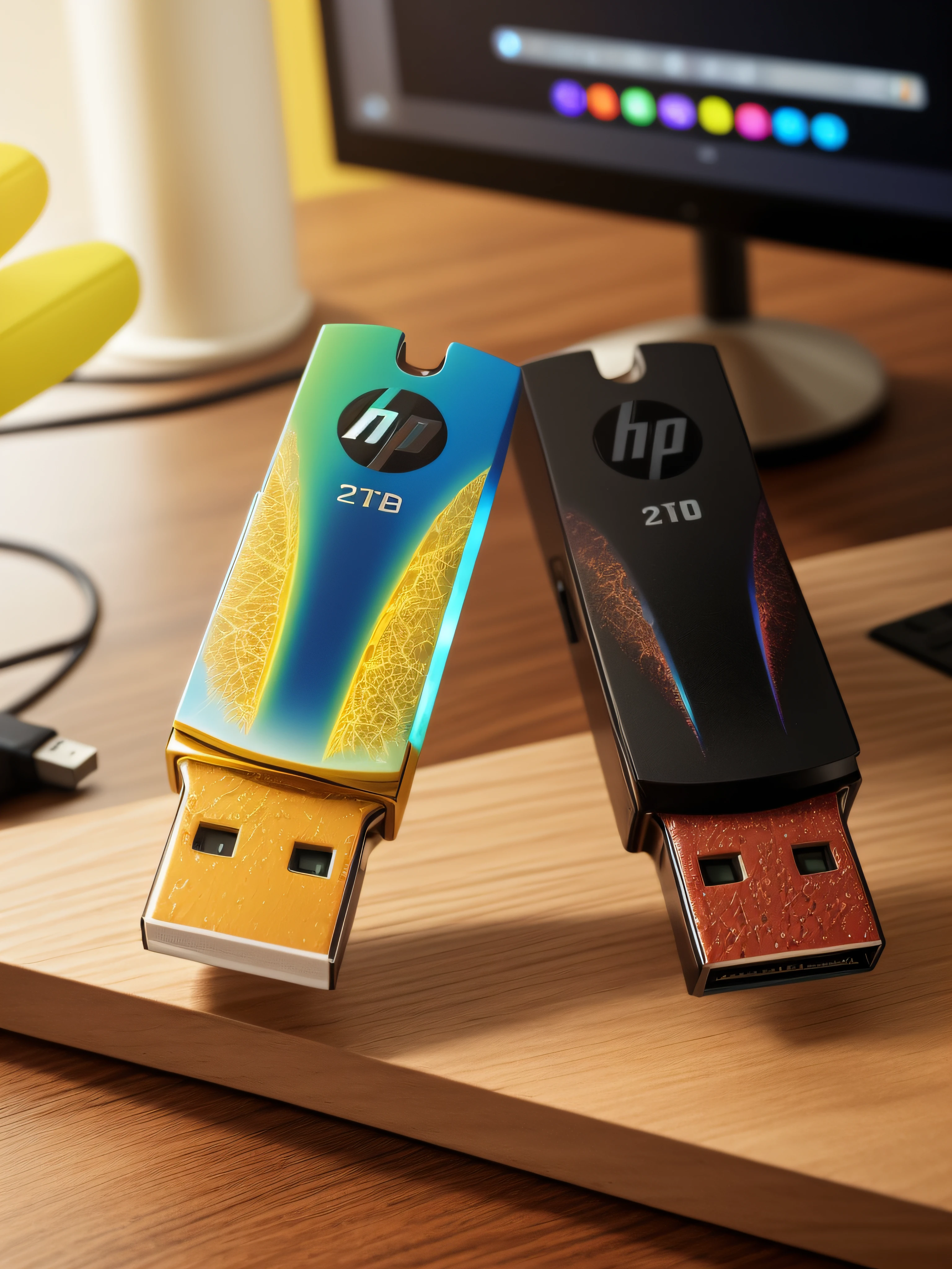 A USB stick rests on the smooth-textured wooden office desk in a computer room. The picture is clear (Sharp: 0.7) and displays a colorful explosion of psychedelic paints (cores: 1.21), with incredible detail. Na mesa, Accessories include the Nikon D850 with Kodak Portra 400 photo film and f1 lenses.6, garantindo cores ricas e textura realista. Lighting is dramatic, and all around are the computer, rato, teclado e cabo USB.