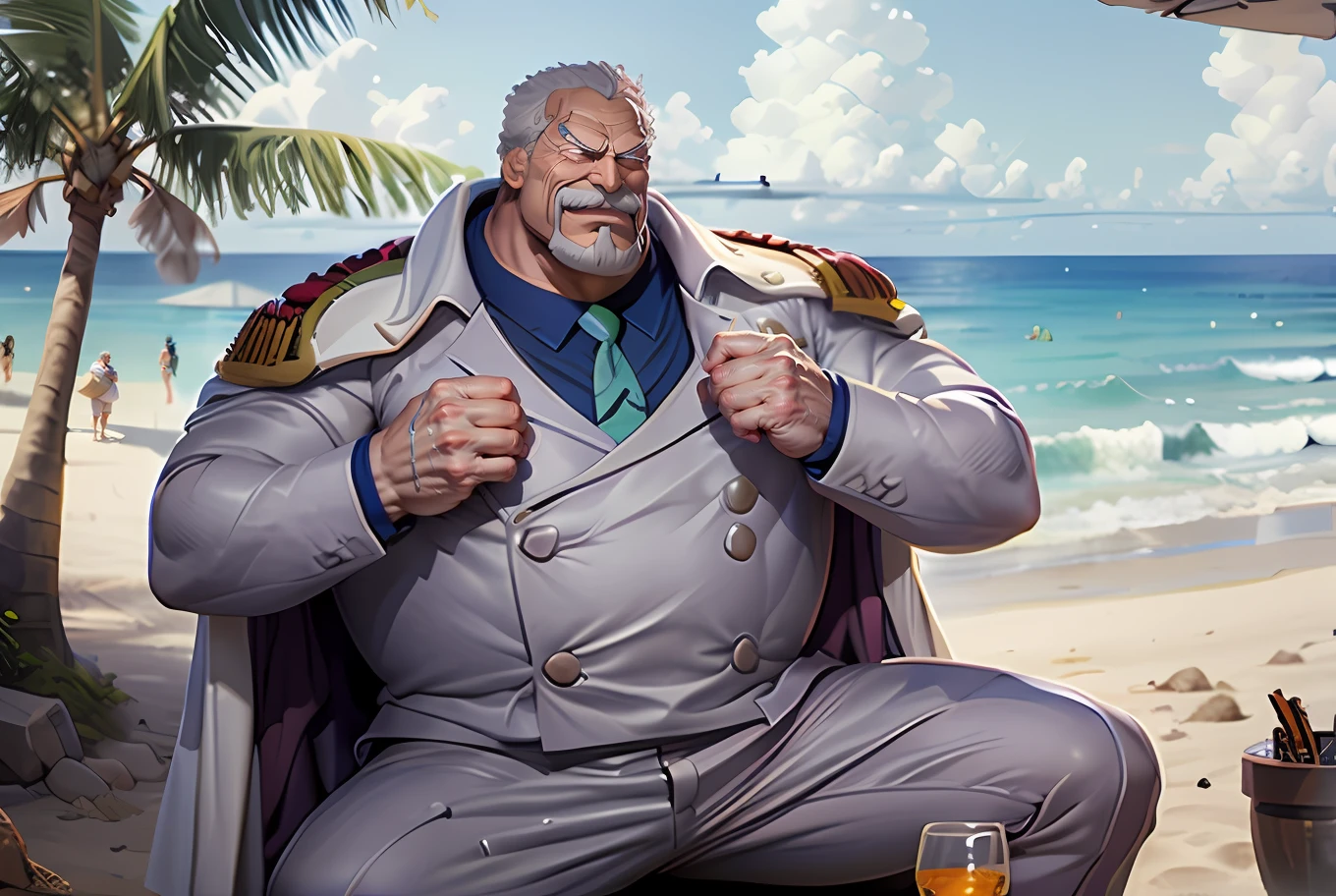 "Aging but mighty Garp, with bulging muscles, basks in the serene beauty of a sunny beach."