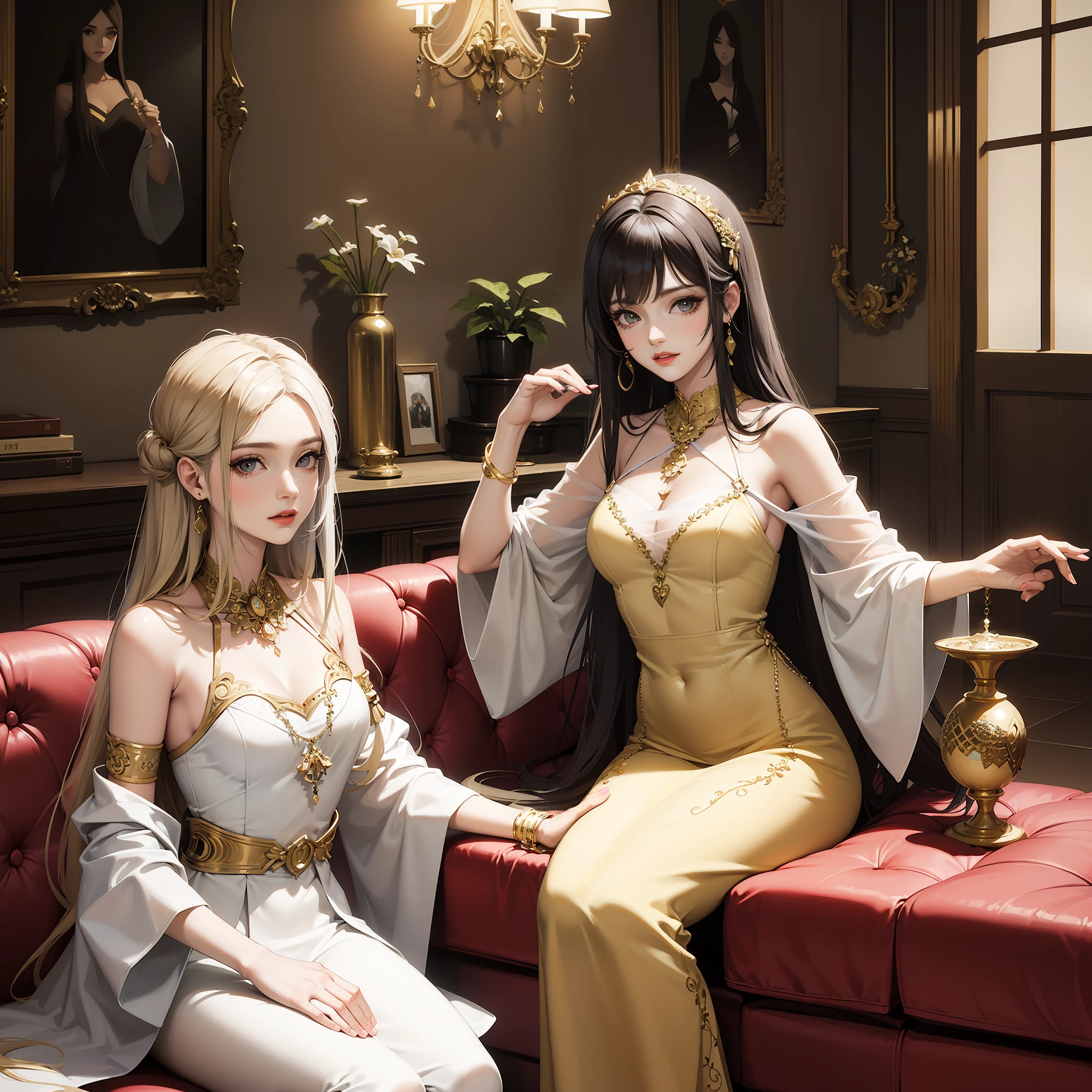 Estilo boho-chic. Una hermosa mujer ayuda a su hermosa hermana a maquillarse. They are in a room with a stunning vintage style vanity. Son mujeres que se visten de una manera moderna muy atractiva.. 2023.