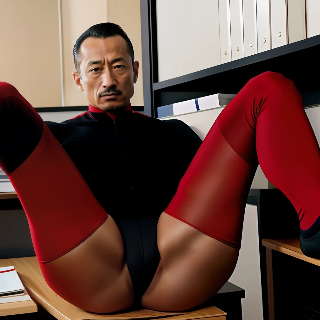 50yearsold,Hidetoshi Nakata ,(Kogoro Mouri 1.3),The upper part of the body,Tong,Bulge,office room,leg wide open,black long socks,Thin,musculature,lbeard,fortitude,artwork of a,tmasterpiece,k hd,red leotard