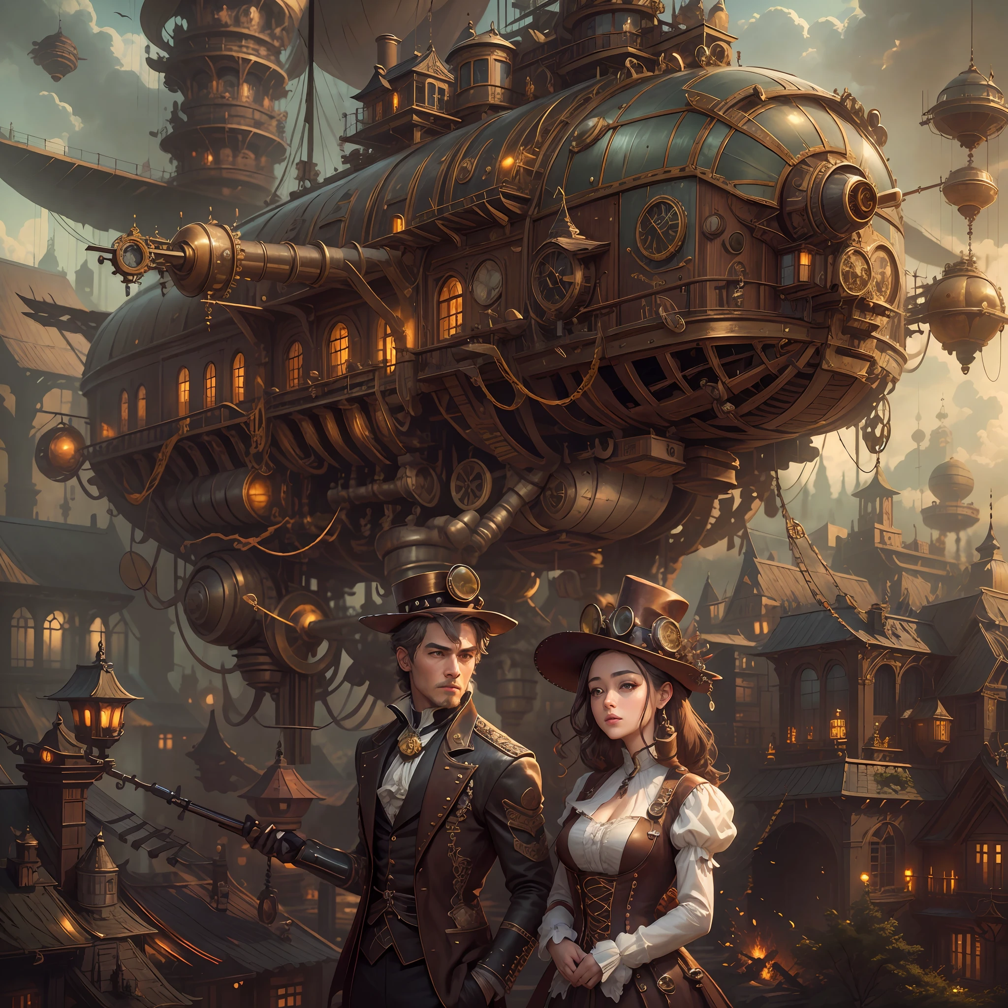 best qualtiy,tmasterpiece,超高分辨率,(realisticlying:1.4),absurderes,(1 couple repairing airships in the manor,(Eye focus),sface focus, Clear facial features),(koh_amberheard:0.8),1 best long shot photo of Mechanical Airship Manor,Fantasy sci-fi vehicles,hyper realisitc,steampunc,Complex design,insanely details,finely detailled,Steampunk AI,1 couple doing business on the estate