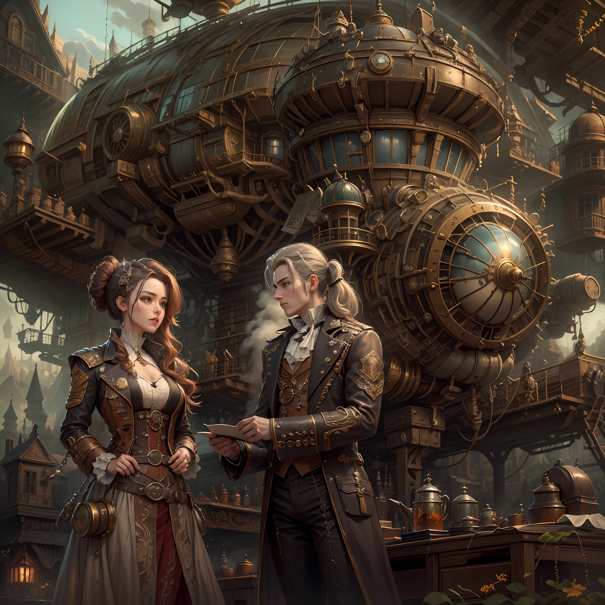 best qualtiy，tmasterpiece，超高分辨率，（realisticlying：1.4），absurderes，（1 couple repairing airships in the manor，（Eye focus），sface focus, Clear facial features），（koh_amberheard：0.8），1 best long shot photo of Mechanical Airship Manor，Fantasy sci-fi vehicles，hyper realisitc，steampunc，Complex design，insanely details，finely detailled，Steampunk AI，1 couple doing business on the estate