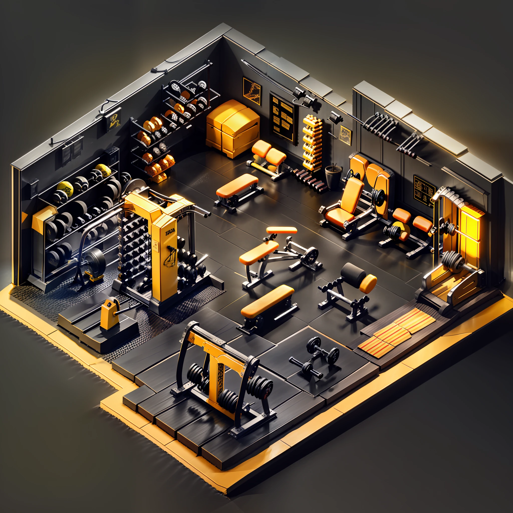 Isometric style，120 degrees accurate，Polyart，Stylized 3D rendering，Fitness gym，3D stylized scene，gym room，Black and yellow color scheme，Solid background color，No characters appear，Two floors