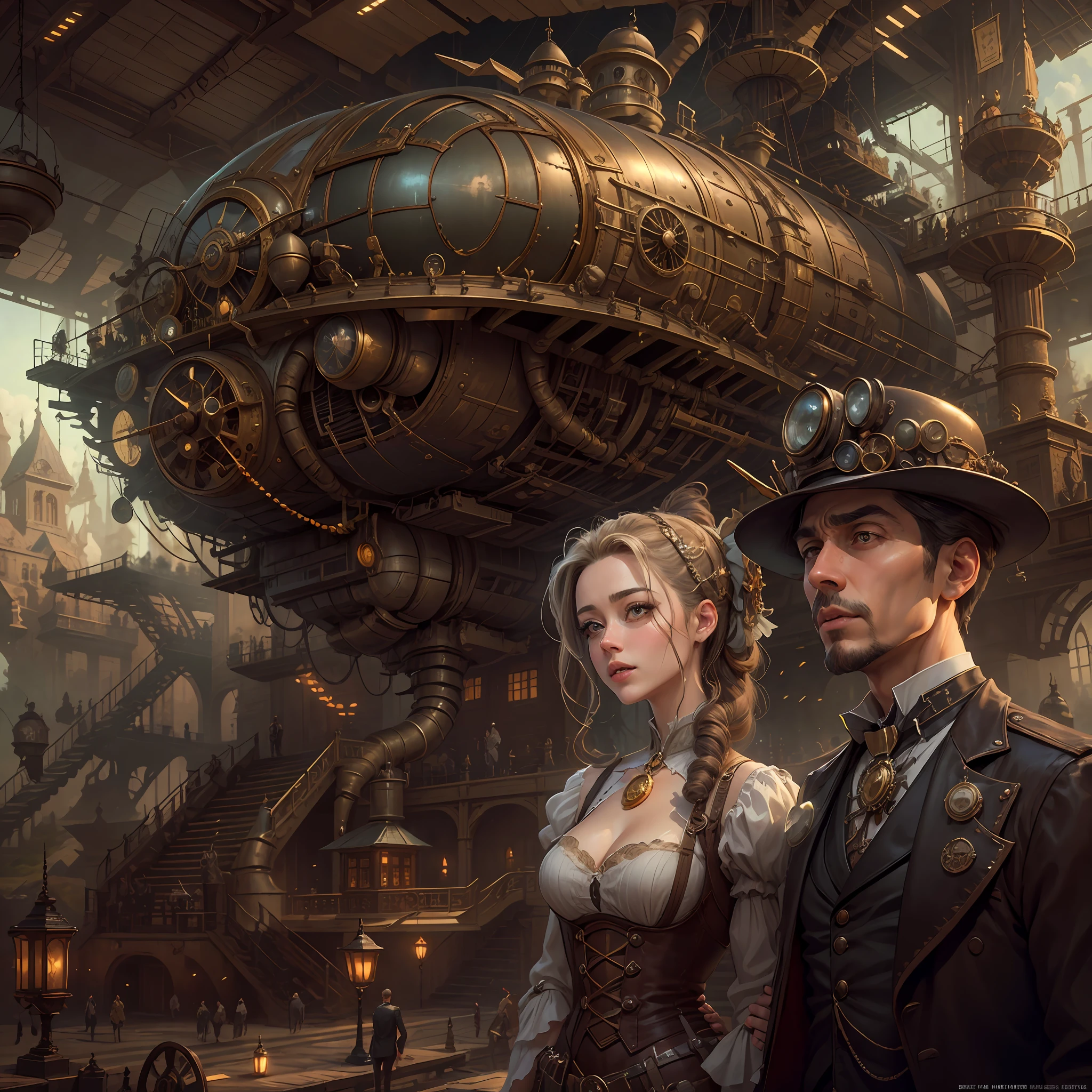 best qualtiy，tmasterpiece，超高分辨率，（realisticlying：1.4），absurderes，（1 couple repairing airships in the manor，（Eye focus），sface focus, Clear facial features），（koh_amberheard：0.8），1 best long shot photo of Mechanical Airship Manor，Fantasy sci-fi vehicles，hyper realisitc，steampunc，Complex design，insanely details，finely detailled，Steampunk AI，1 couple doing business on the estate