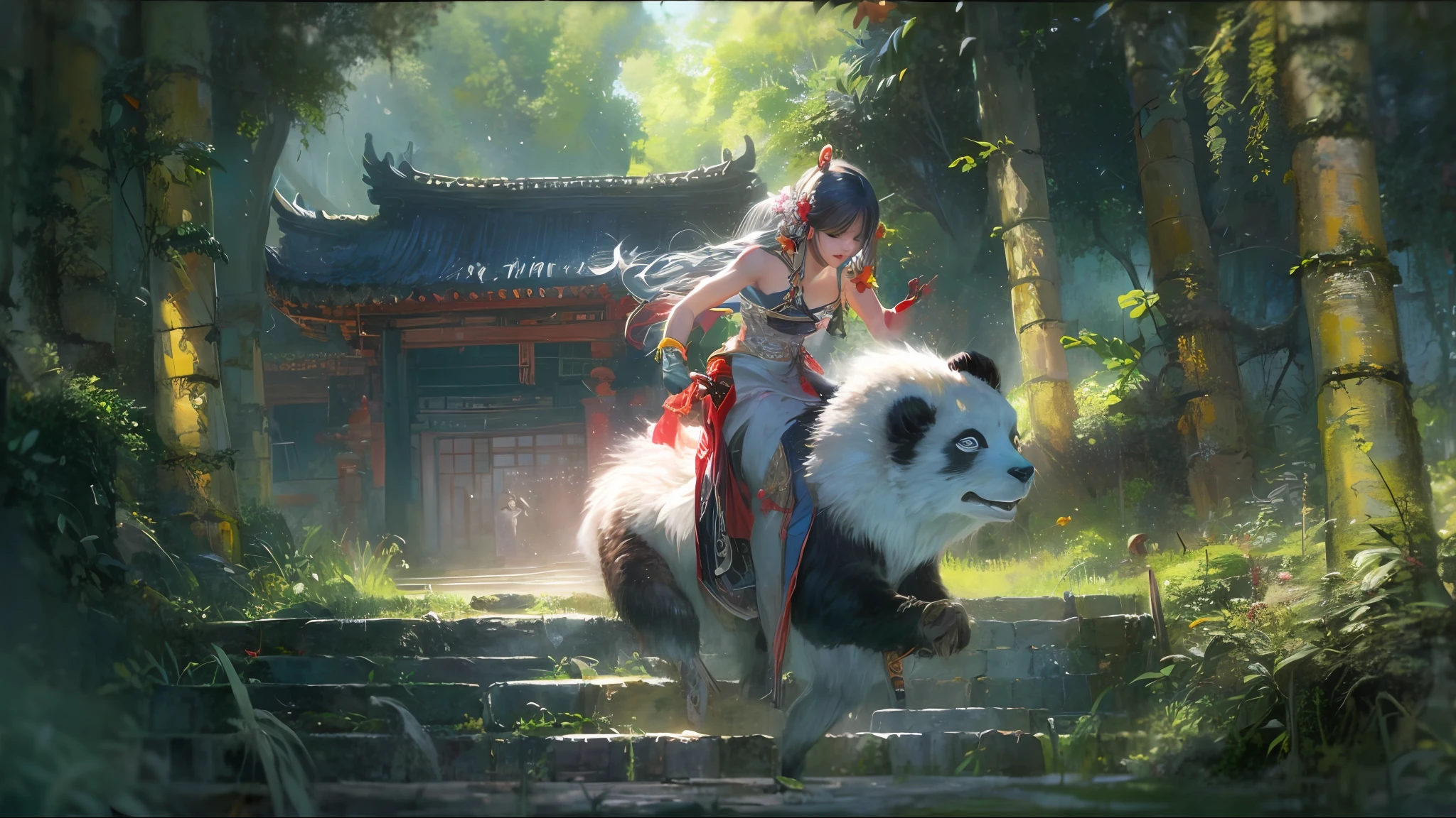 shallowdepthoffield,Light and shadow relationship,foreground,中景 the scene is,Faraway view,illustration,Detailed and intricate,ruanjia,Best quality, Masterpiece, 8K, 超高分辨率, (Photorealistic:1.4), Highly detailed, intricately details, Delicate and beautiful, Good lighting, Professional lighting, Sharp focus, Detailed shadows, Exquisite details and textures, Depth of field, Unity 8k wallpaper,.Girl riding a panda, Hanfu, Bamboo forest, Long hair,Smile .