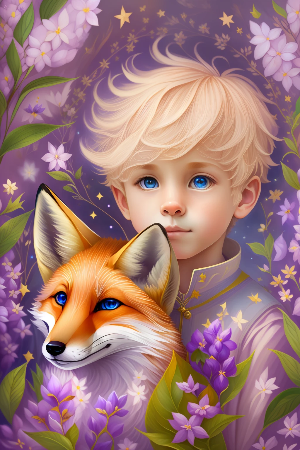image(( ))With a fox and a star,(( The Little Prince)), Portrait of a magical blond prince, Fairytale painting, A bright light masterpiece, The Flower Prince ,((Spring lilac)),breathtaking art, illustartion!, Coronation of the Flower Prince, by Anna Haifisch, by Julia Pishtar, fantastic art, A fairytale work of art, inspiring art, fantasy fox love, Fantastic works of art