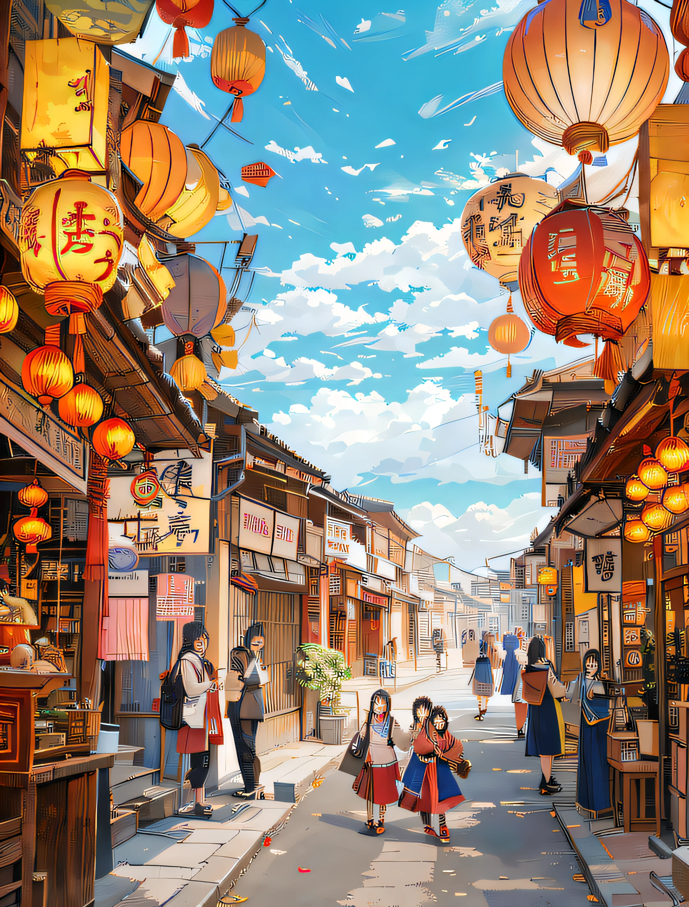 There are many people walking the streets of Chinese villages, Modern attire