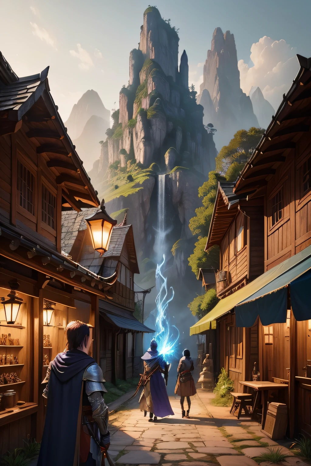 Create artwork that represents the setting of the roleplaying game 'Journey to the Lost Kingdom'. The scene shows a village called Coralith surrounded by dense forest and majestic mountains in the background. In the village, wooden and stone houses mix with small shops and a busy tavern. In the central square, a magical well emits a brilliant blue light. A group of four heroes are standing in the square, ready to embark on their journey. The first is a mighty warrior in shining armor wielding a magic sword. Beside him, a sorceress in a purple cloak, holding a mystical staff. A keen-eyed elven archer is positioned beside the sorceress, his bow at the ready. Finally, an agile rogue with a dark cloak and hidden daggers rounds out the party. The sky is tinged with orange colors at sunset, and a sense of mystery and adventure hangs in the air. Art must capture the magical and epic essence of the journey that awaits them.