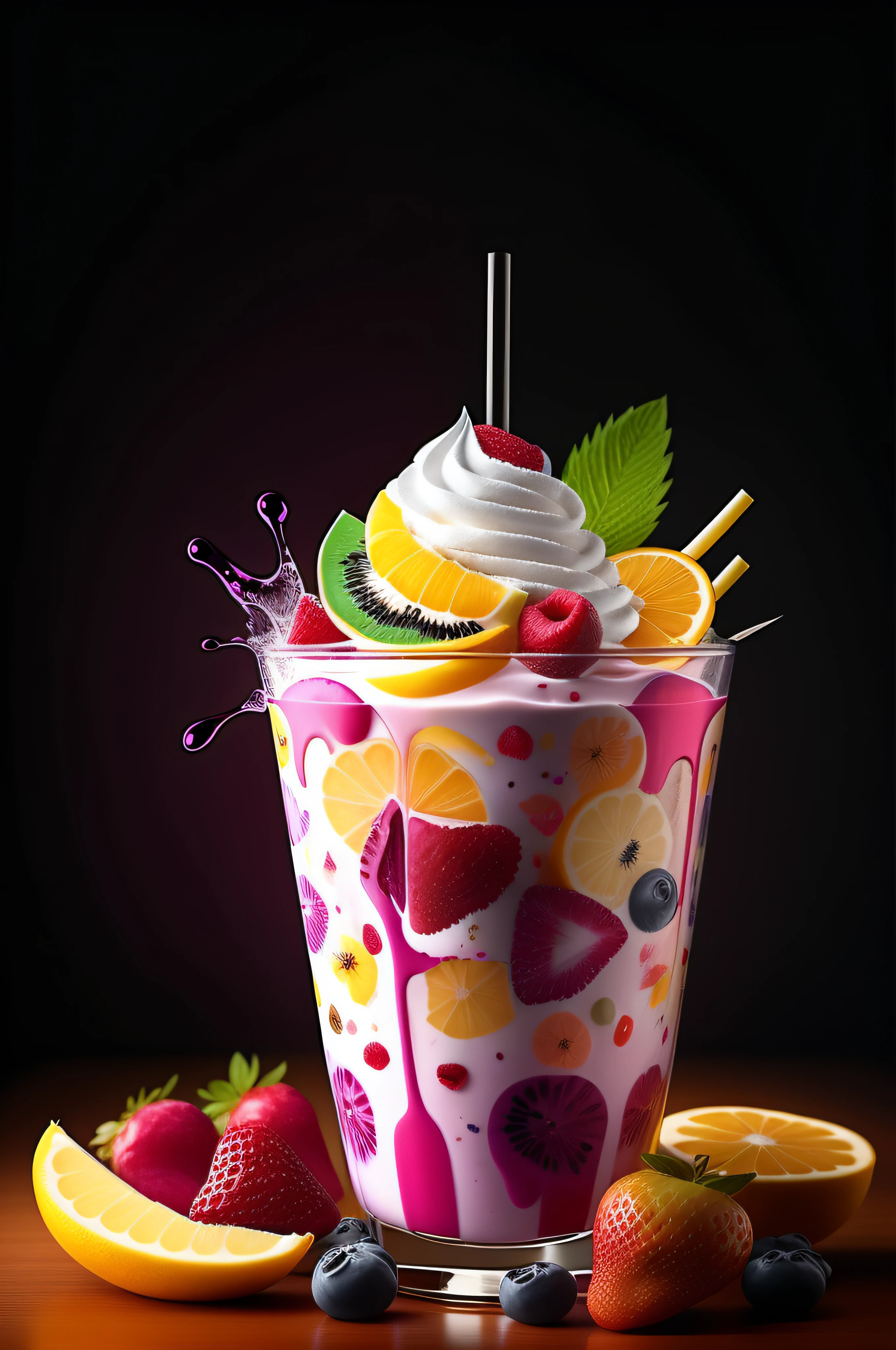 mixed fruit milkshake  hyper realistic, dramatic lighting