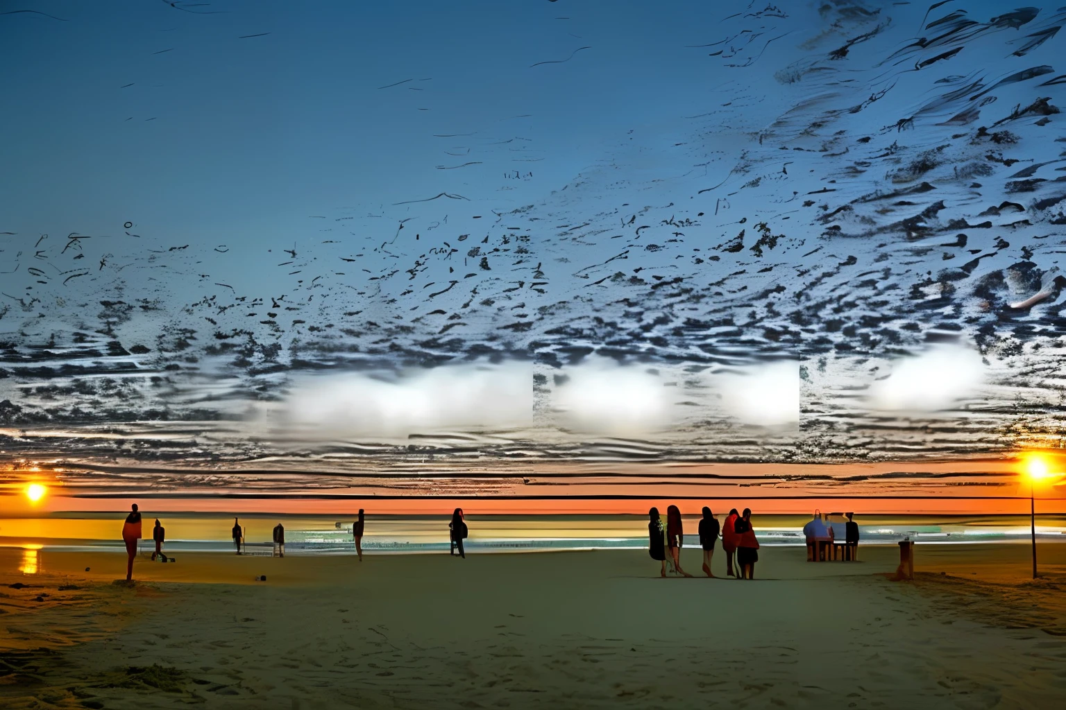 On a summer night，beachside，The lights are dim，sea beach，A couple holding hands（The picture occupies a relatively small area），bblurry，Impresionismo