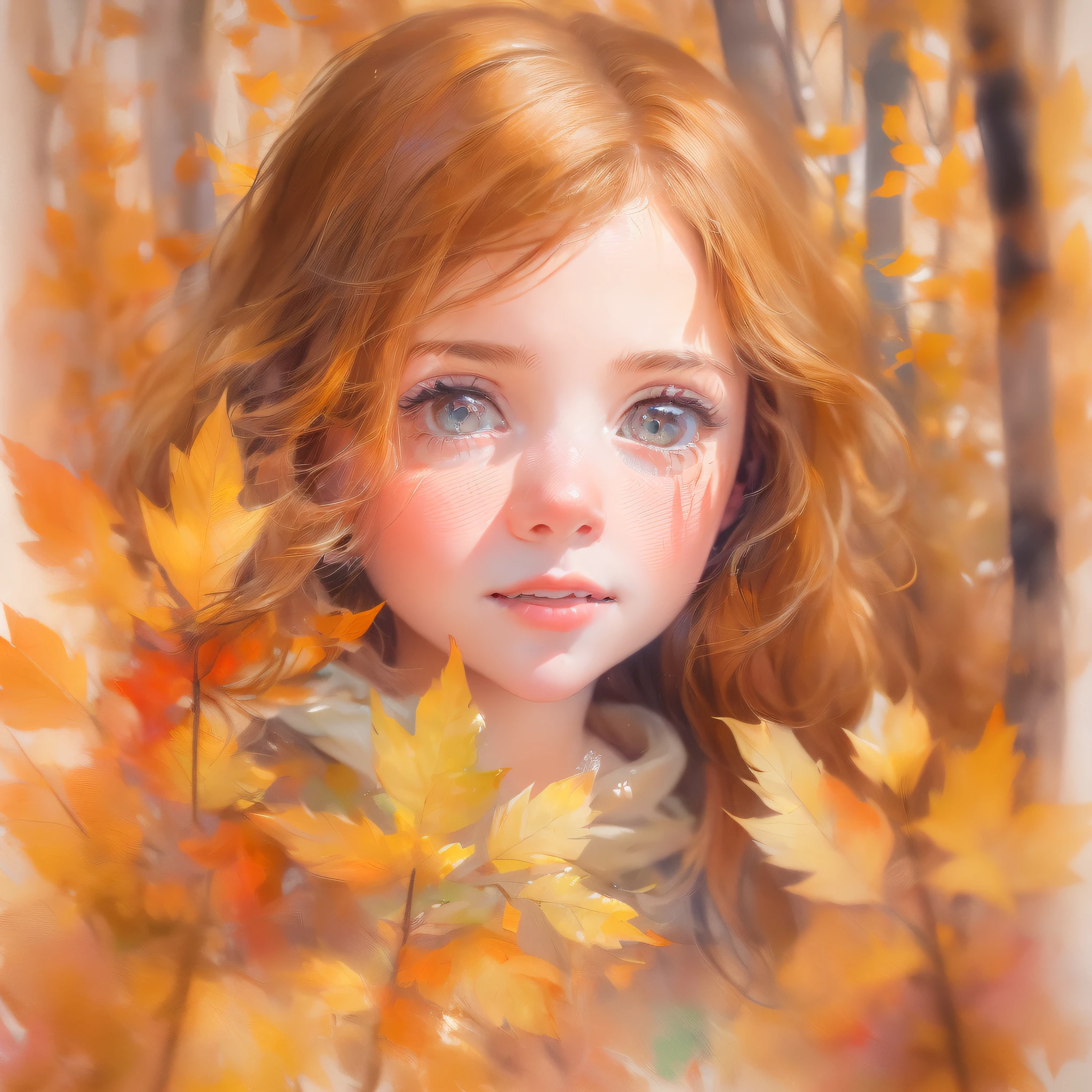 As the camera zooms in, the delicate features of a young European girl's face come into view, capturing her rosy cheeks flushed from the crisp autumn air, auburn hair cascading in gentle waves, and a hint of curiosity in her hazel eyes as she explores a sunlit forest filled with vibrant foliage and playful woodland creatures, Artwork, watercolor painting on textured paper,