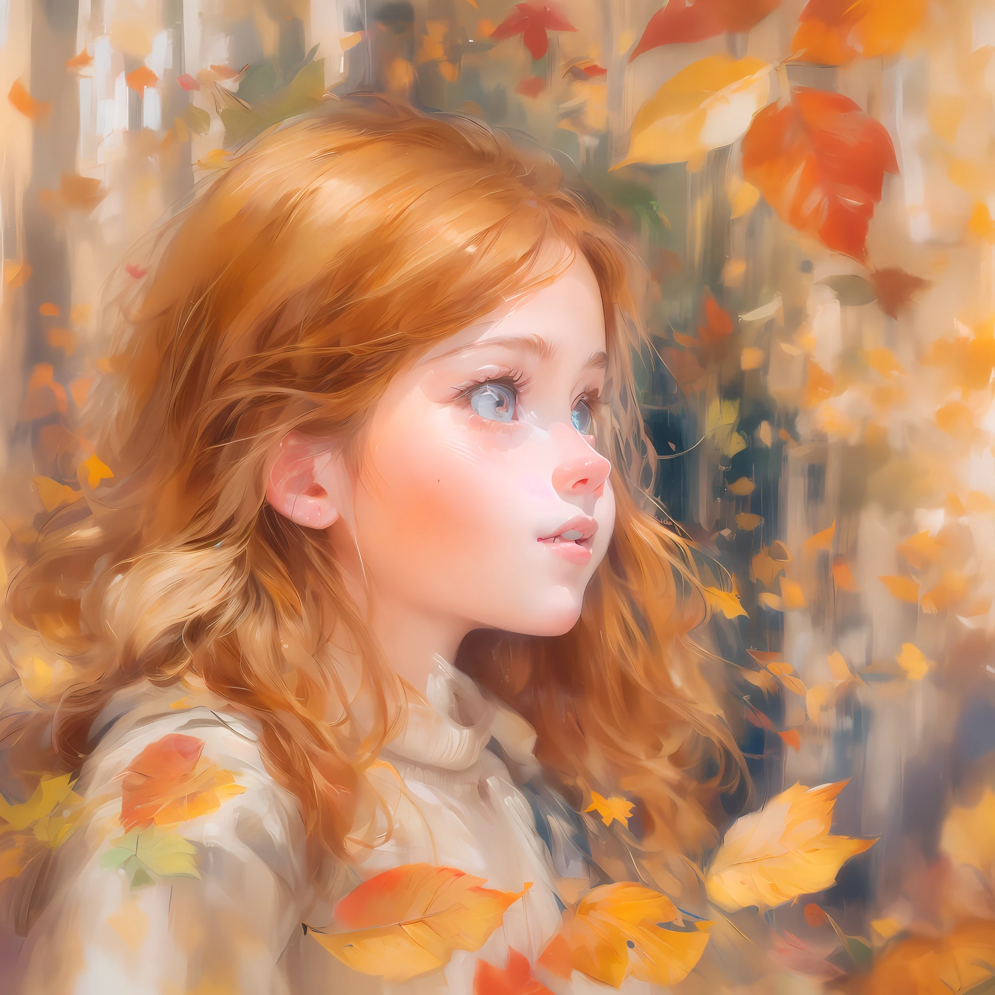 As the camera zooms in, the delicate features of a young European girl's face come into view, capturing her rosy cheeks flushed from the crisp autumn air, auburn hair cascading in gentle waves, and a hint of curiosity in her hazel eyes as she explores a sunlit forest filled with vibrant foliage and playful woodland creatures, Artwork, watercolor painting on textured paper,