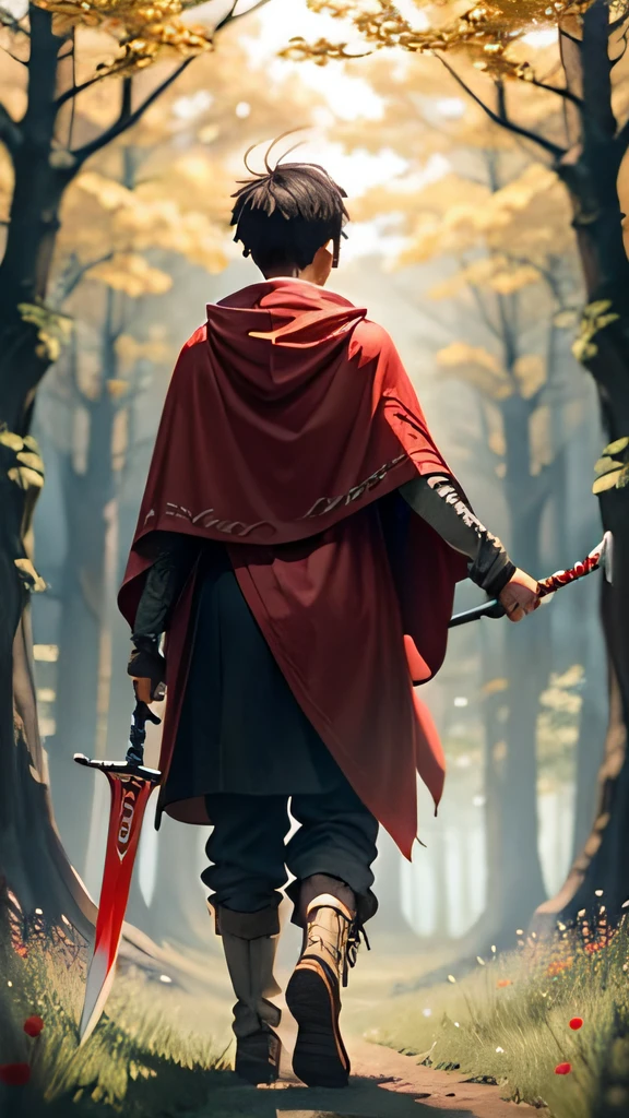 Man in red cloak walking on a path in the forest, Dressed in a beautiful red cloak, silvain sarrailh, red cloak, Holding a sword in the forest, inspired by Magali Villeneuve, red cloak, graphic artist magali villeneuve, Painted by Andreas Rocha, wojtek fus, young adult fantasy novel cover