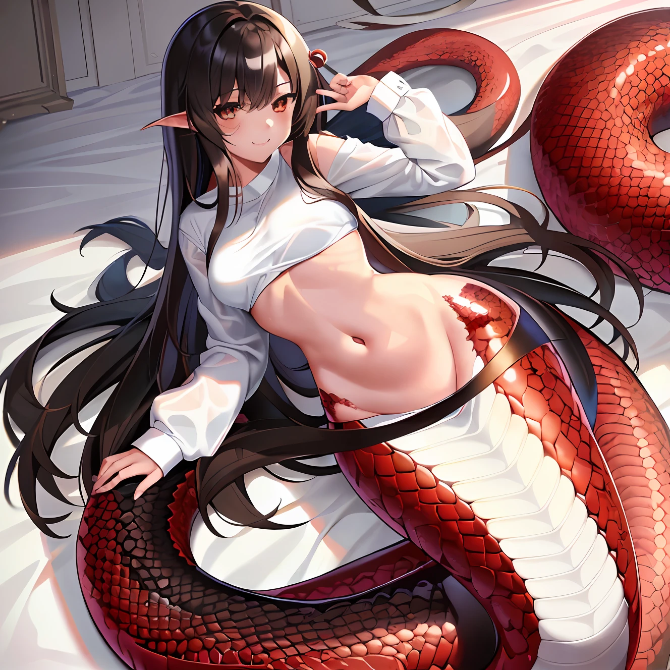 full bodyesbian, Beautiful, (Masterpiece:1.2), (Best quality:1.2), Perfect eyes, Perfect face, Smiling, Perfect lighting,Lamia girl, 1girll,  Black hair, Brown eyes, ((red scales)), ((Long hair, Straight hair)), Tanned skin, Small breasts,浴室, ((serafuku, White shirt)), Stand，The thighs are obvious，