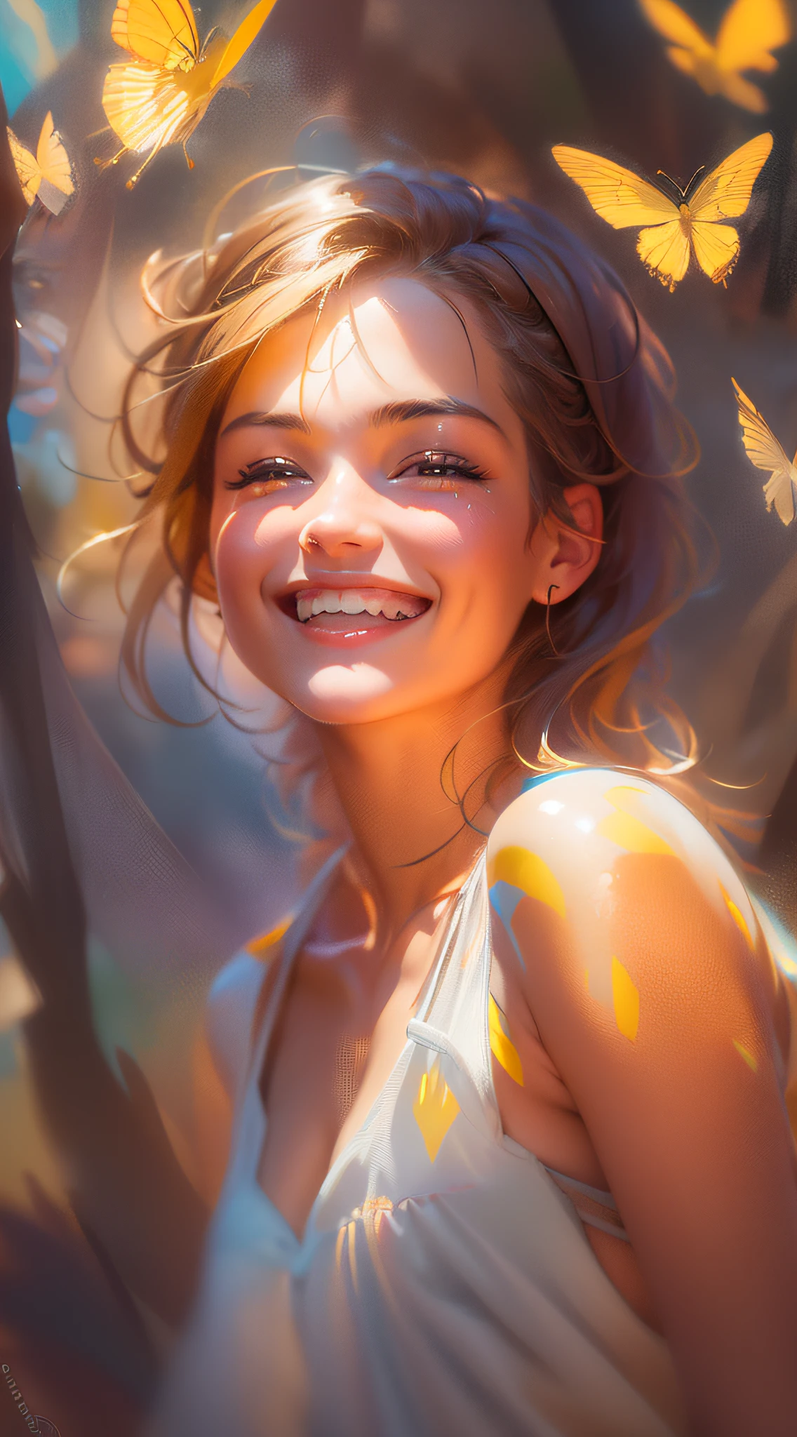 As the camera zooms in on the young European girl's face, her radiant joy is evident, with sunlight filtering through the treetops and casting warm dappled patterns on her skin, a small butterfly perched gently on her shoulder, and the distant echoes of laughter and playful splashes from a nearby riverbank, Illustration, digital painting with a soft color palette