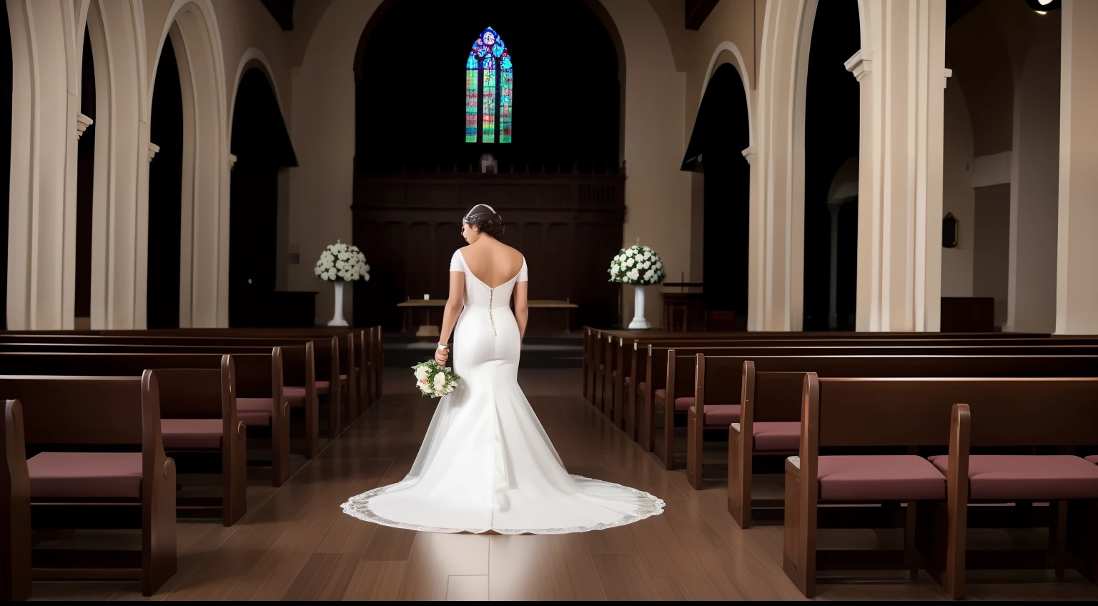 uma foto de costa, mostrando "(brown gradient background:1.1), um noiva usando vestido todo branco de renda com babao, um vel, holding a black bag in his hands, walking towards the altar in an empty church, dim lighting, ambiente sombrio, atmosfera depressiva.