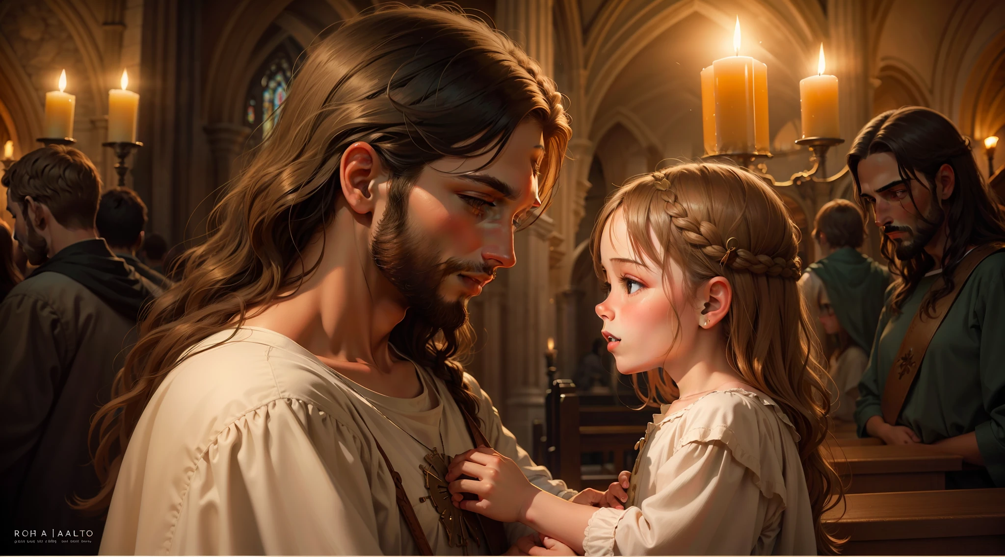[uma pintura realista de Jesus, com rosto perfeito e detalhado, holding a child, com rosto perfeito e detalhado, inside a candlelit church]