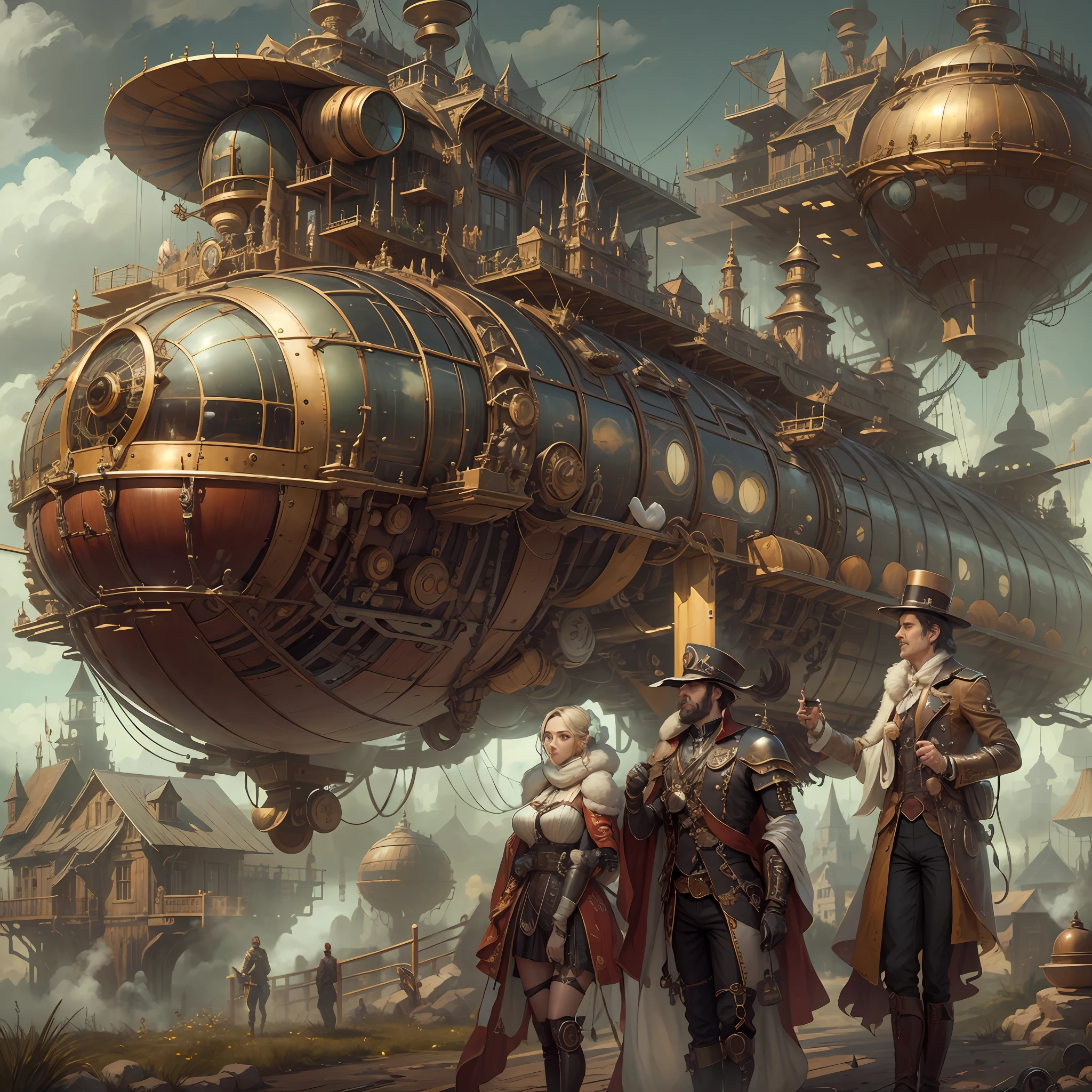 best qualtiy,tmasterpiece,超高分辨率,(realisticlying:1.4),absurderes,(1 couple repairing airships in the manor,(Eye focus),sface focus, Clear facial features),(koh_amberheard:0.8),1 best long shot photo of Mechanical Airship Manor,Fantasy sci-fi vehicles,hyper realisitc,steampunc,Complex design,insanely details,finely detailled,Steampunk AI,1 couple doing business on the estate